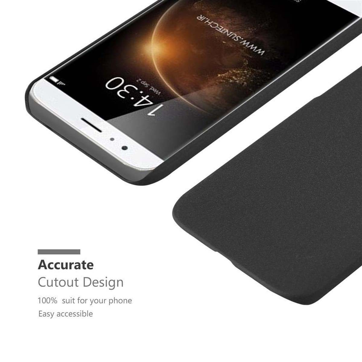 Teléfono en una funda negra. La funda está abierta, con el teléfono visible. Texto en la parte inferior: Diseño de corte preciso.