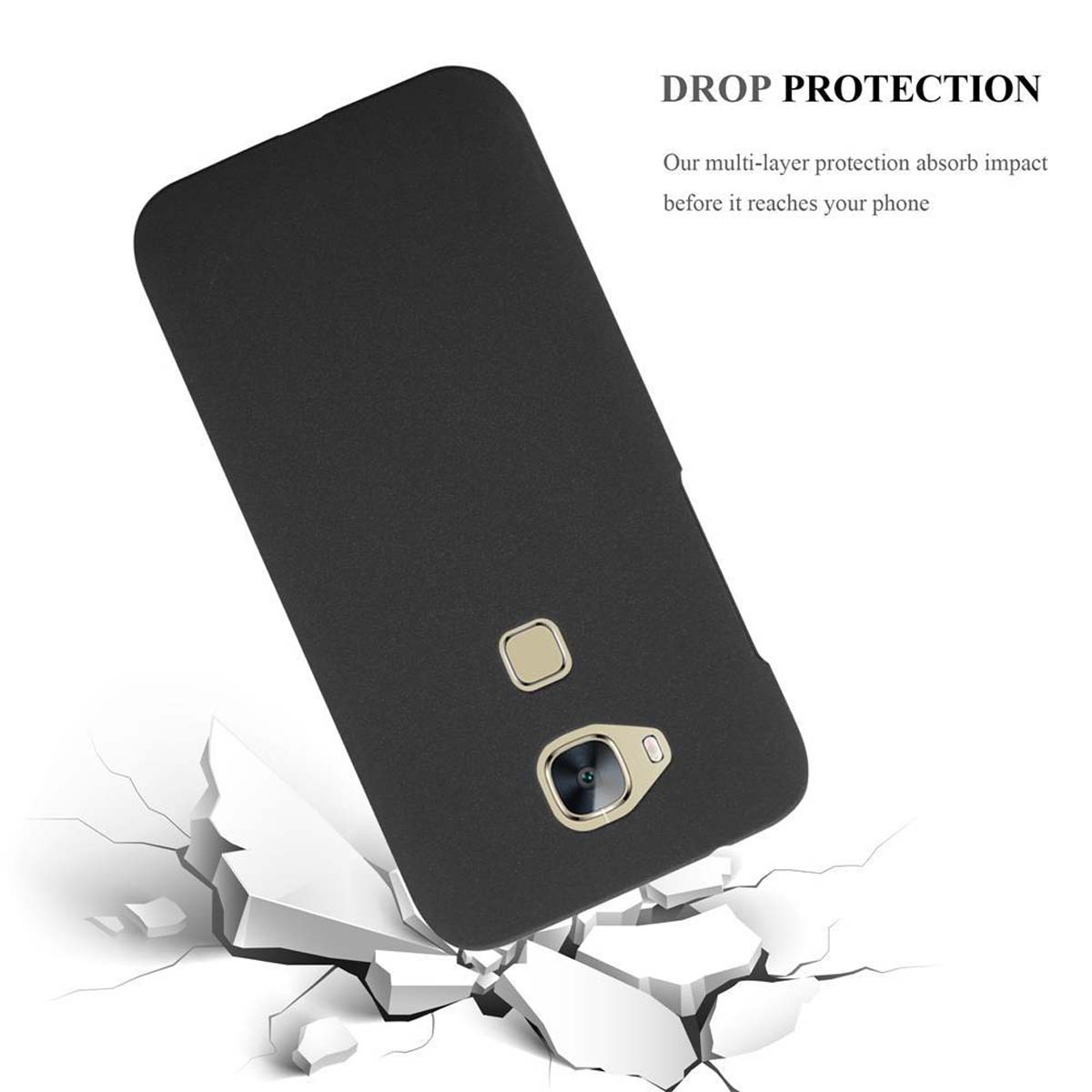 Funda negra para teléfono con teléfono. Texto: Protección contra caídas. Absorbe impactos antes de llegar al teléfono.