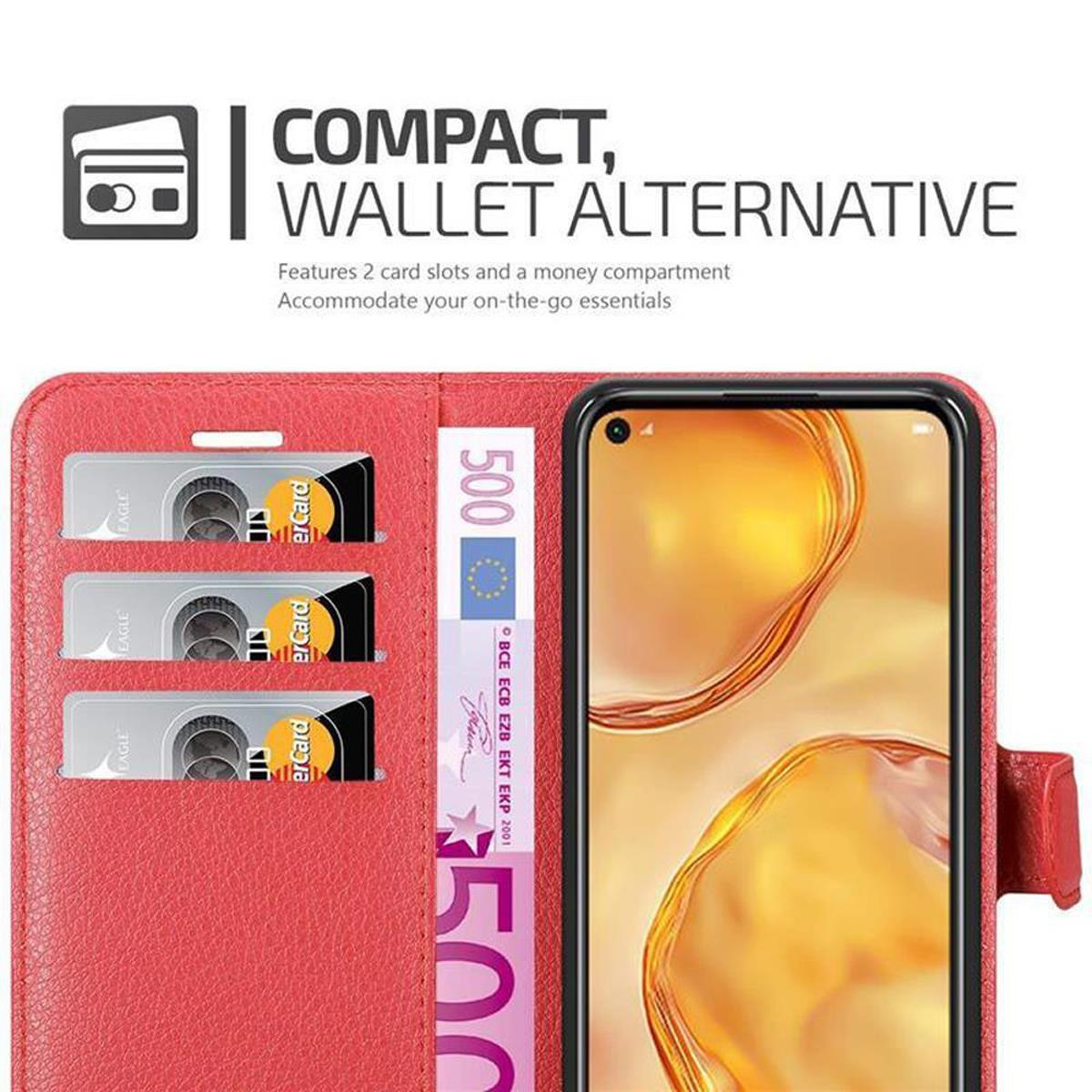 Custodia per telefono rossa aperta, telefono dentro. Vani per carte e scomparto per denaro mostrati. Sfondo bianco.