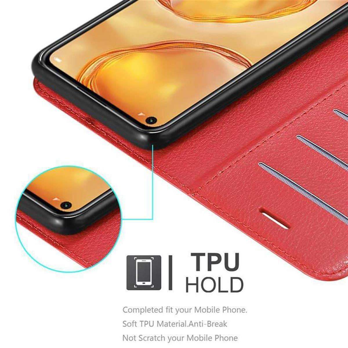 Una custodia rossa per telefono che tiene un telefono, con dettaglio di tenuta in TPU visibile. I bordi del telefono sono visibili.