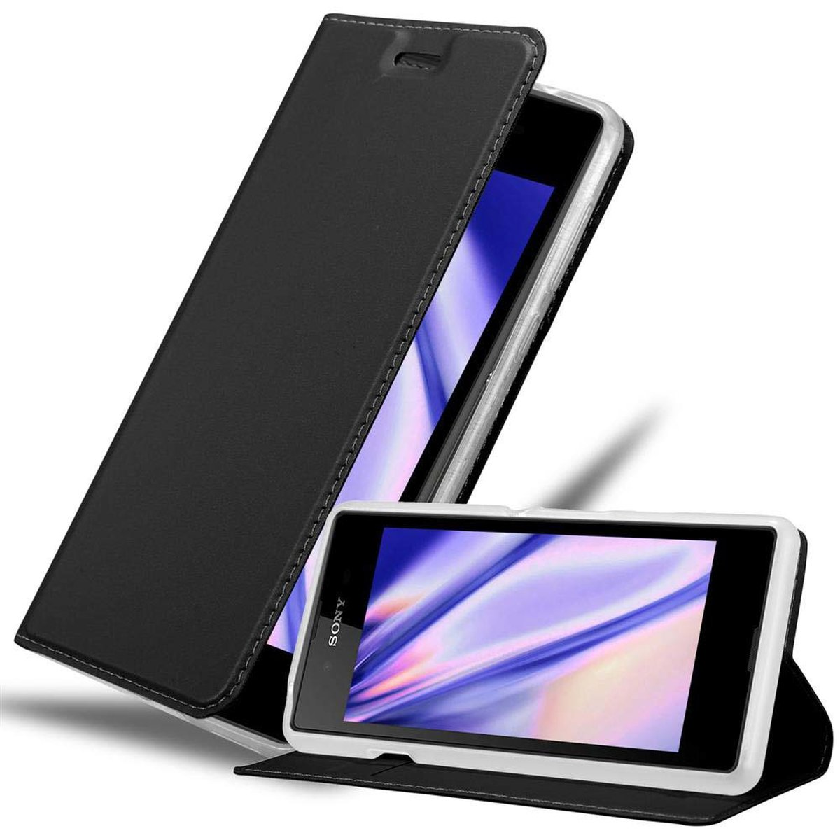 Custodia nera per telefono con un telefono all'interno. La custodia è aperta e sollevata.