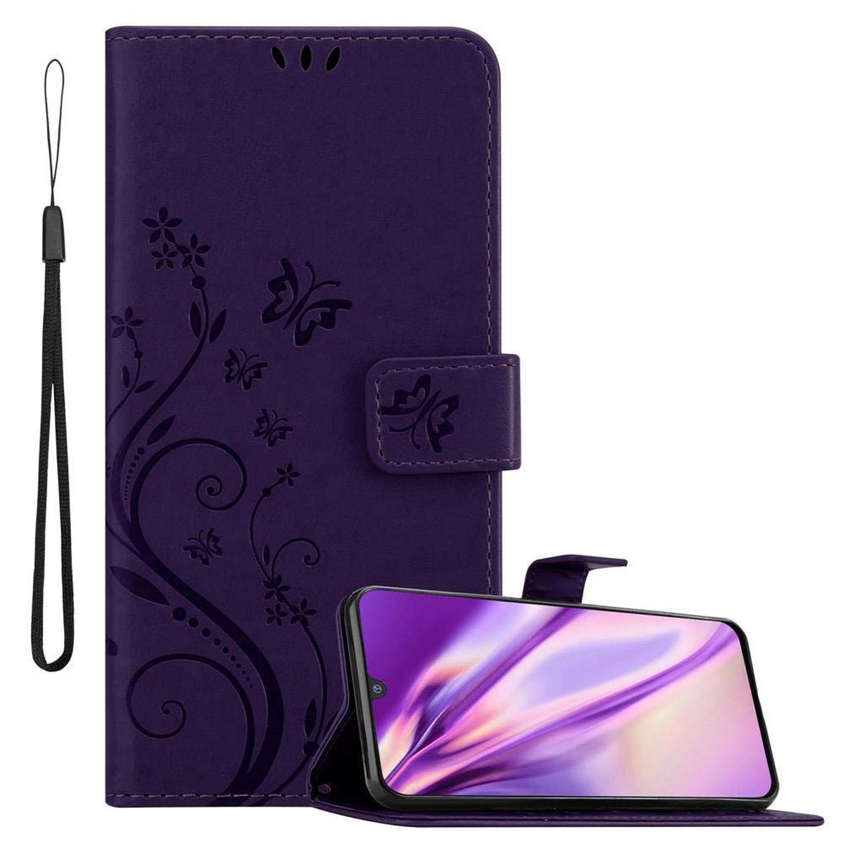 Custodia per telefono viola con un design a fiori e farfalle, con un telefono su sfondo bianco.