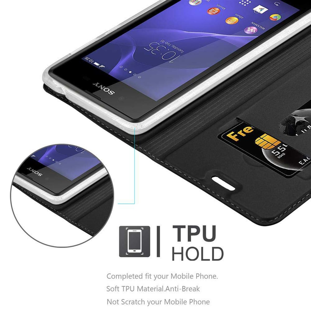 Telefono nero in una custodia con una carta. Testo: TPU Hold. Vestibilità completa, materiale morbido, anti-rottura.