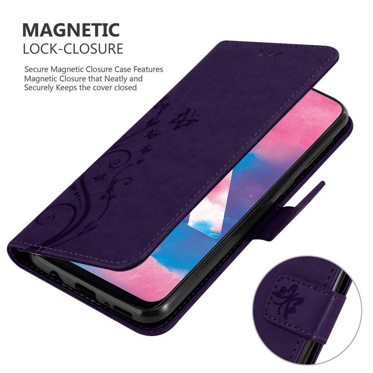 Custodia viola con chiusura magnetica, motivo floreale e un telefono all'interno.