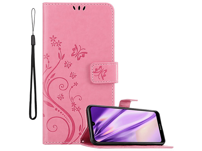 Bookcover, Blumen Muster Y6 CADORABO 2019, Case, Huawei, Flower FLORAL Hülle ROSA