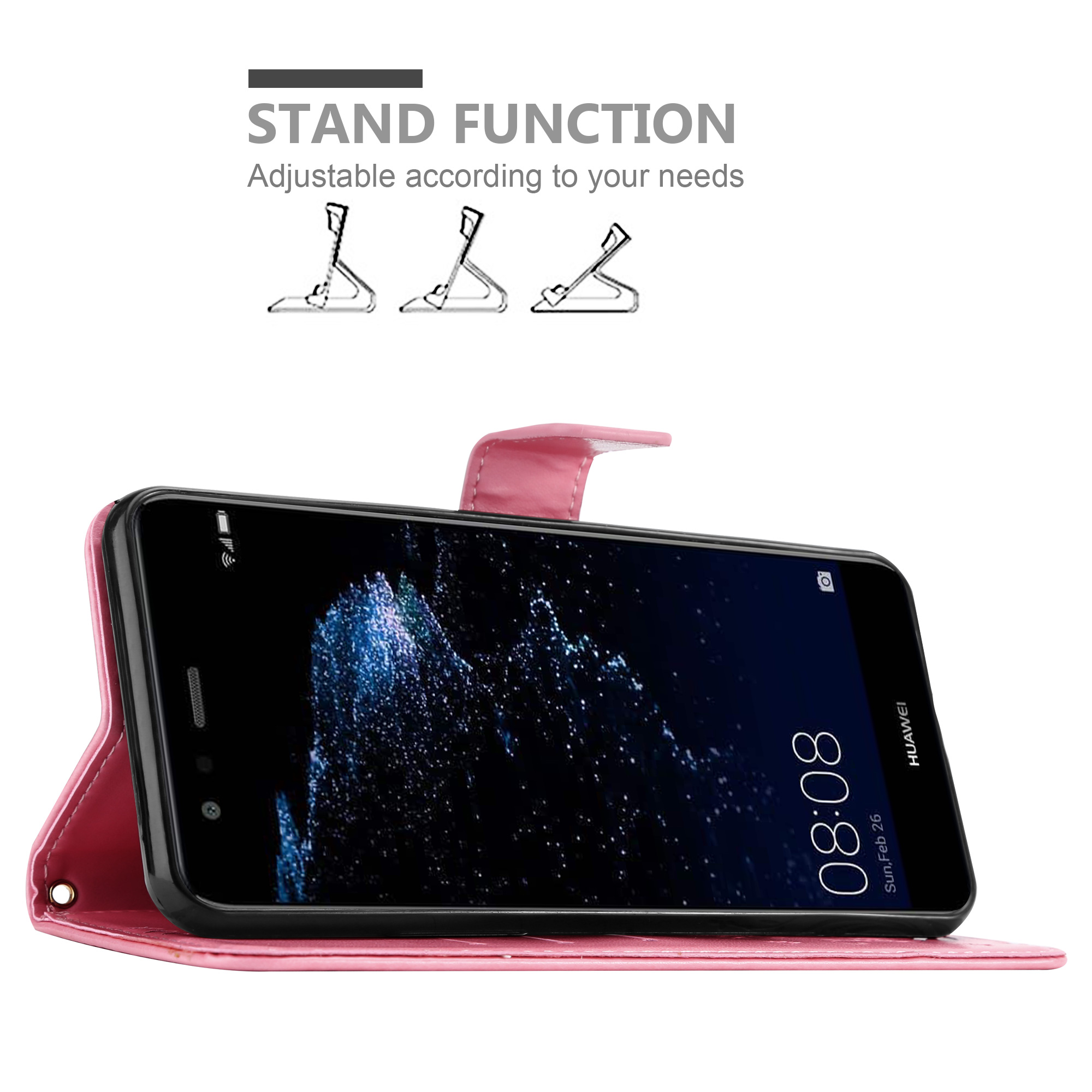 Custodia per telefono rosa con funzione supporto, con un telefono che mostra l'ora.