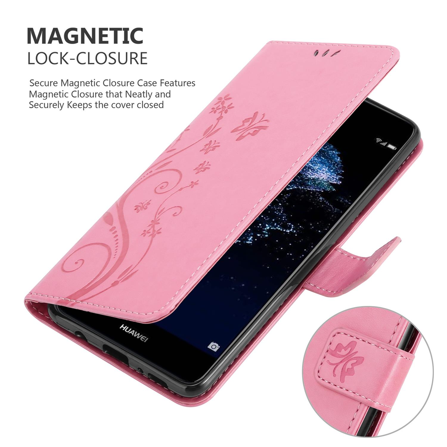Custodia rosa aperta con telefono. Testo: 'MAGNETIC LOCK-CLOSURE'.