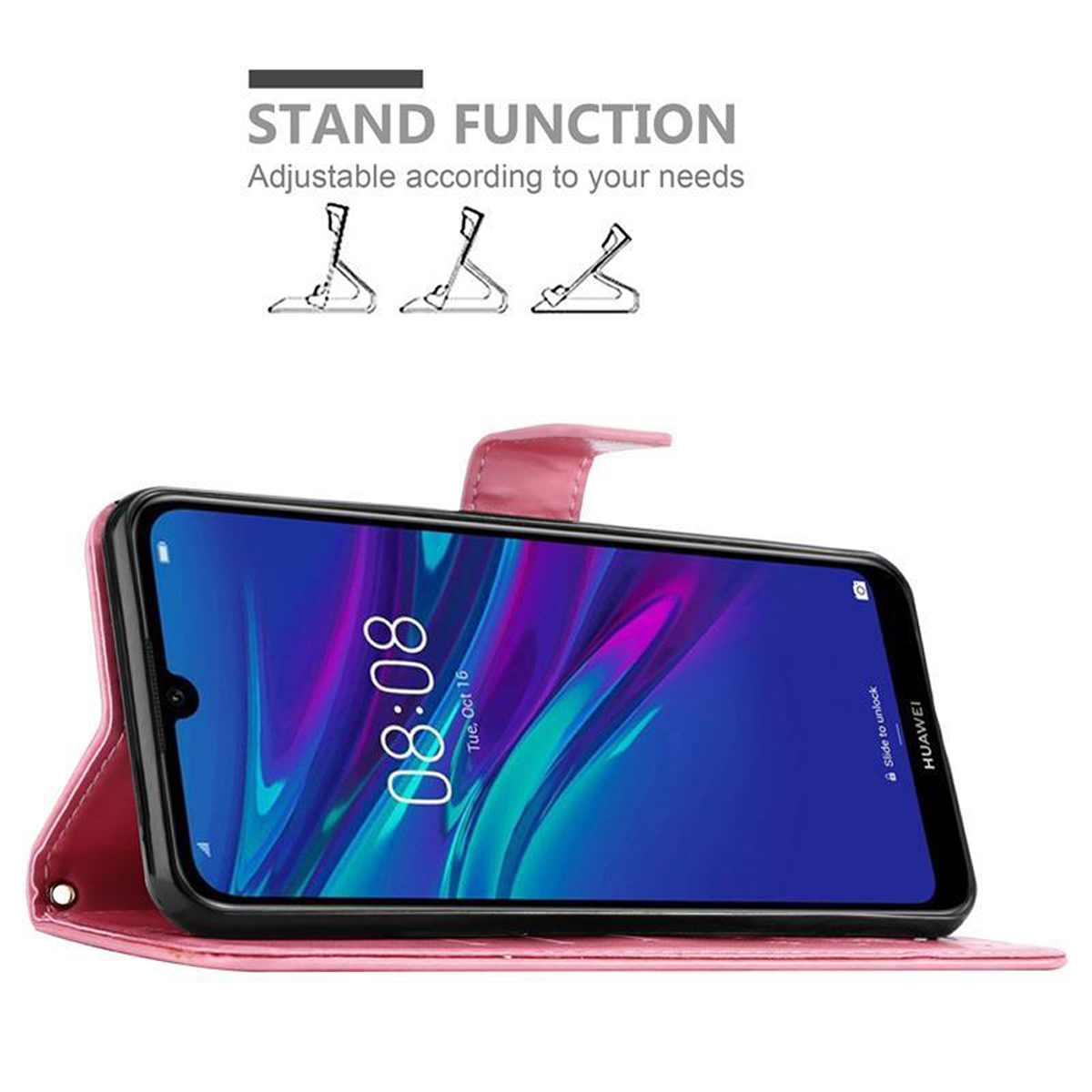 Telefono in una custodia rosa che mostra l'ora. La custodia può essere usata come supporto.