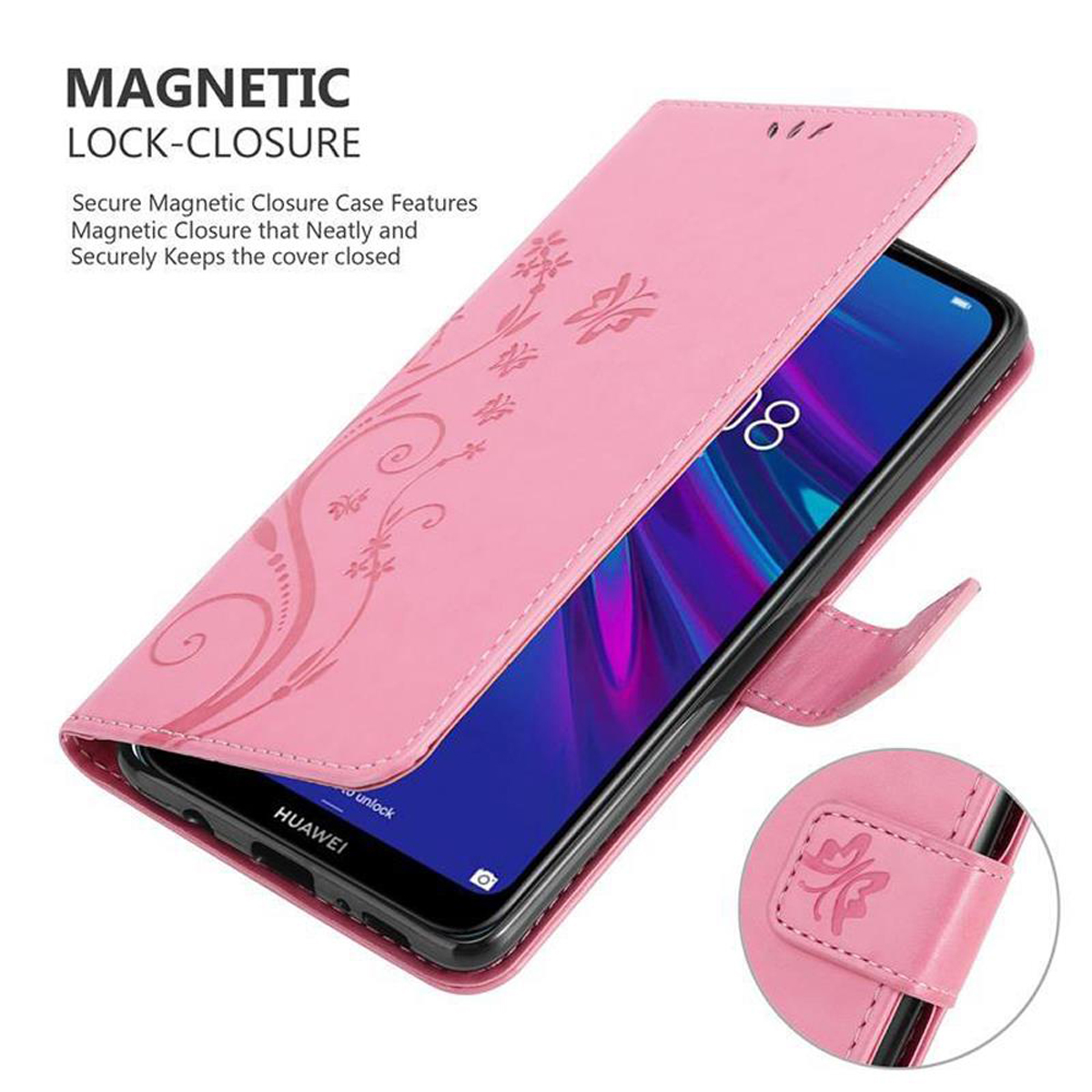 Una custodia per telefono rosa aperta, che mostra un telefono. La custodia ha un design floreale.