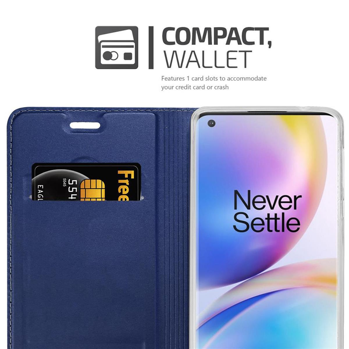 Custodia blu con telefono e carta di credito. Parole Never Settle.