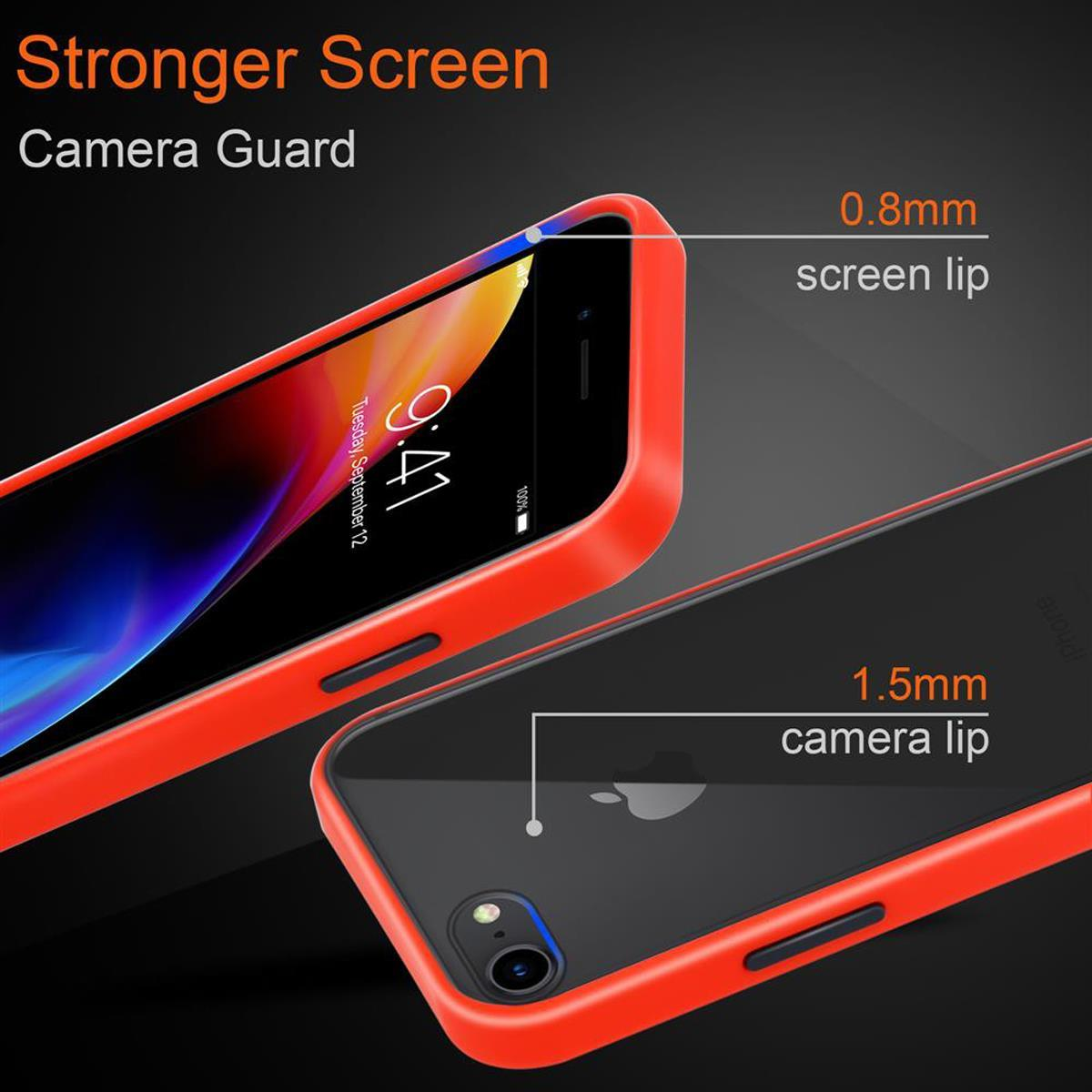 Un telefono con una custodia con contorno rosso e uno schermo. La custodia ha anche un labbro per la fotocamera da 1,5 mm.