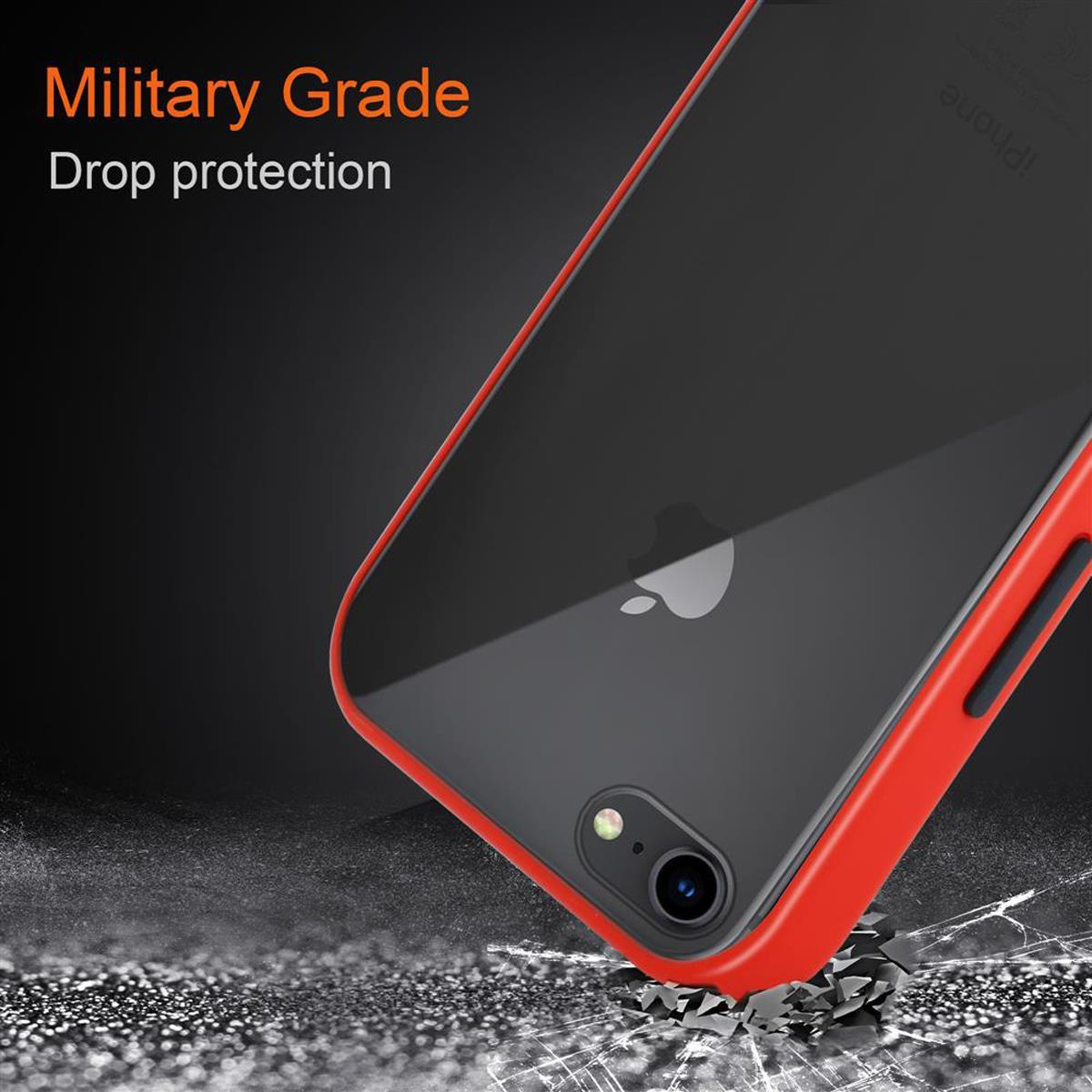 Custodia per telefono rossa e nera, protezione dalle cadute di grado militare, con telefono nero e rosso all'interno.
