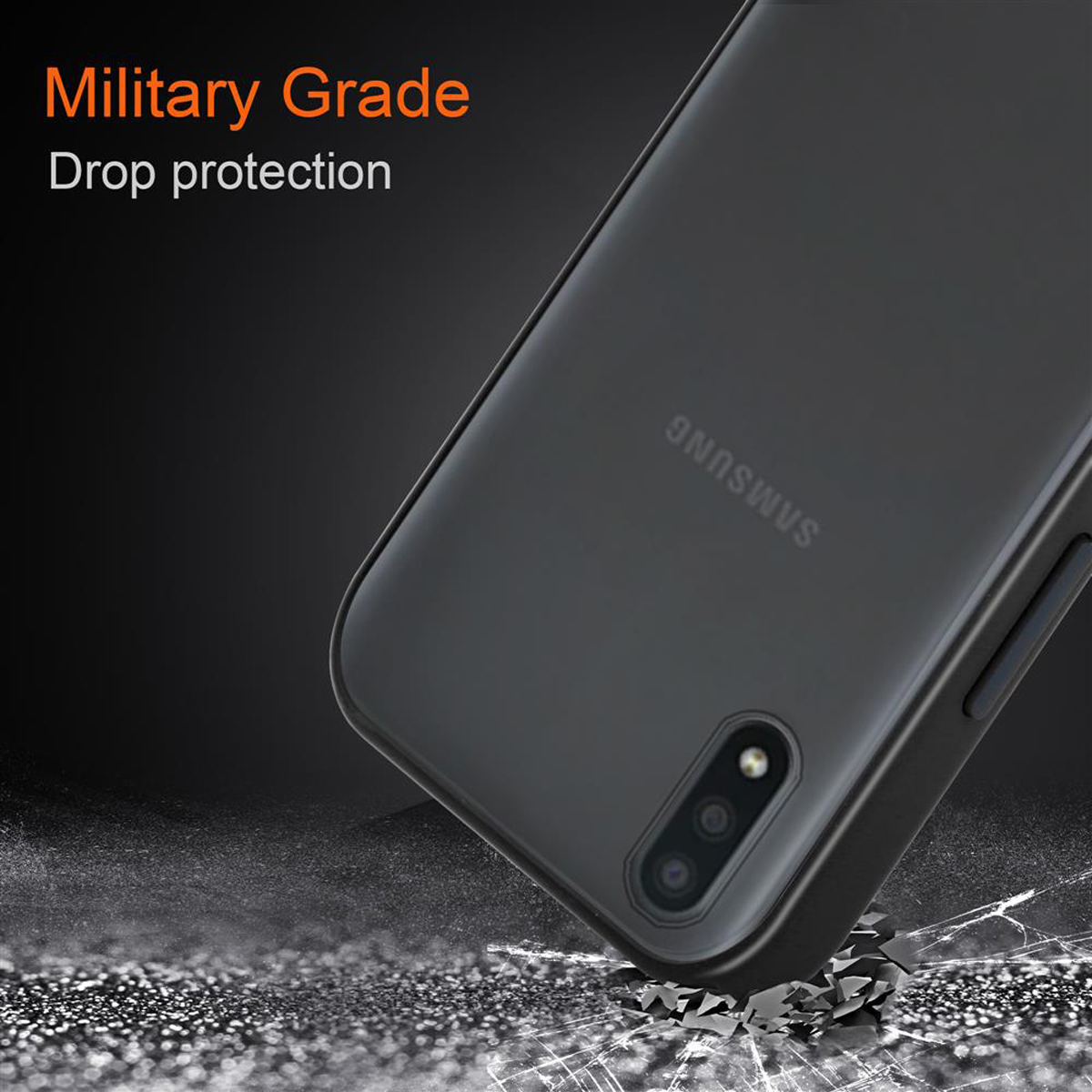 Schwarze Handyhülle auf einer zerbrochenen Oberfläche. Text lautet 'Military Grade, Drop protection'.