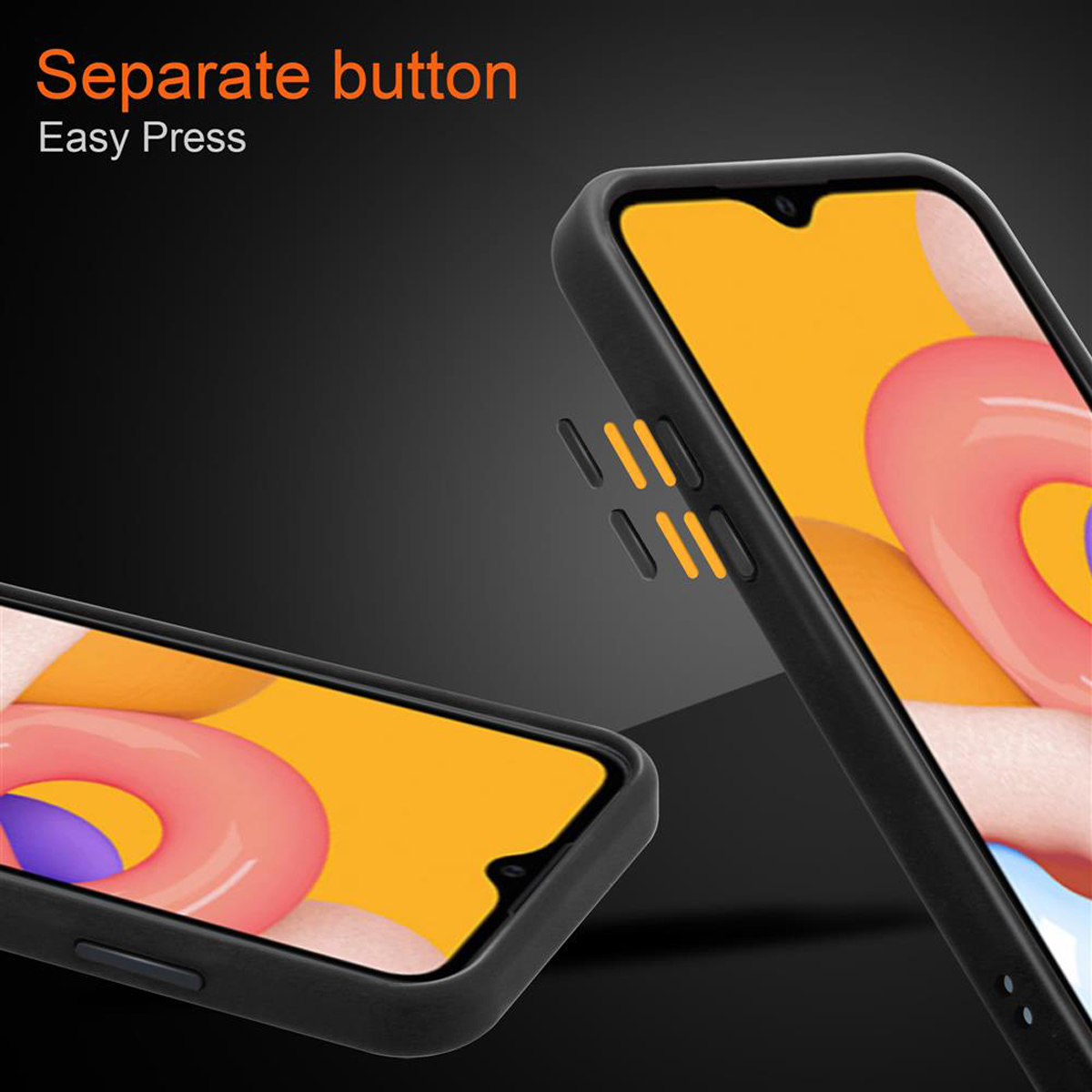 Étui de téléphone avec téléphone à l'intérieur. Affichage de boutons séparés. Le fond est noir.