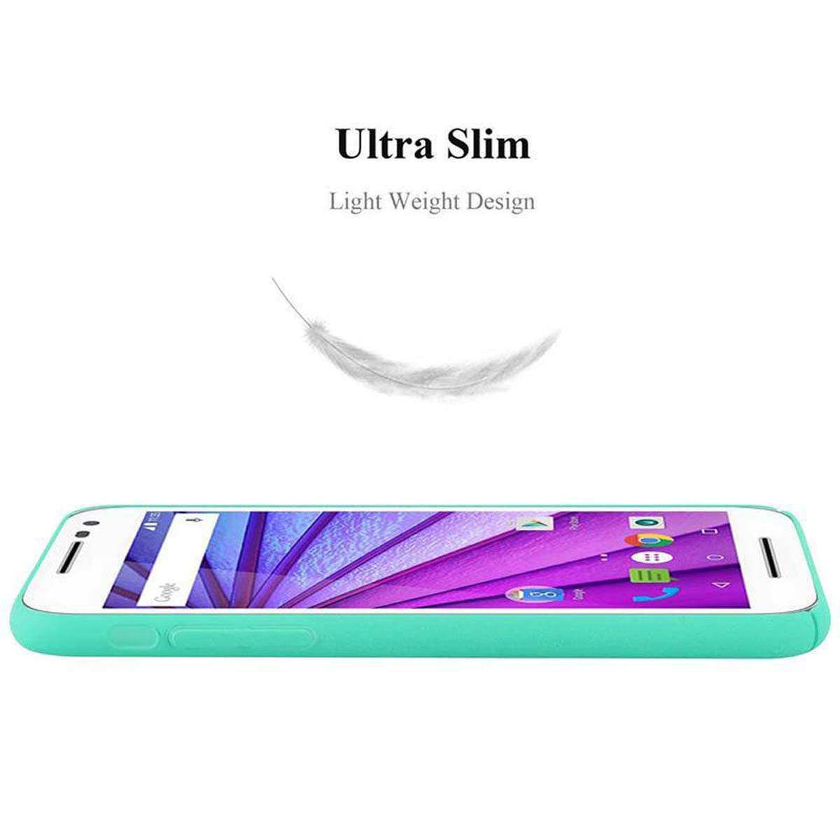 Un telefono su sfondo bianco, con una custodia verde chiaro. Il testo recita Ultra Slim, Design Leggero.