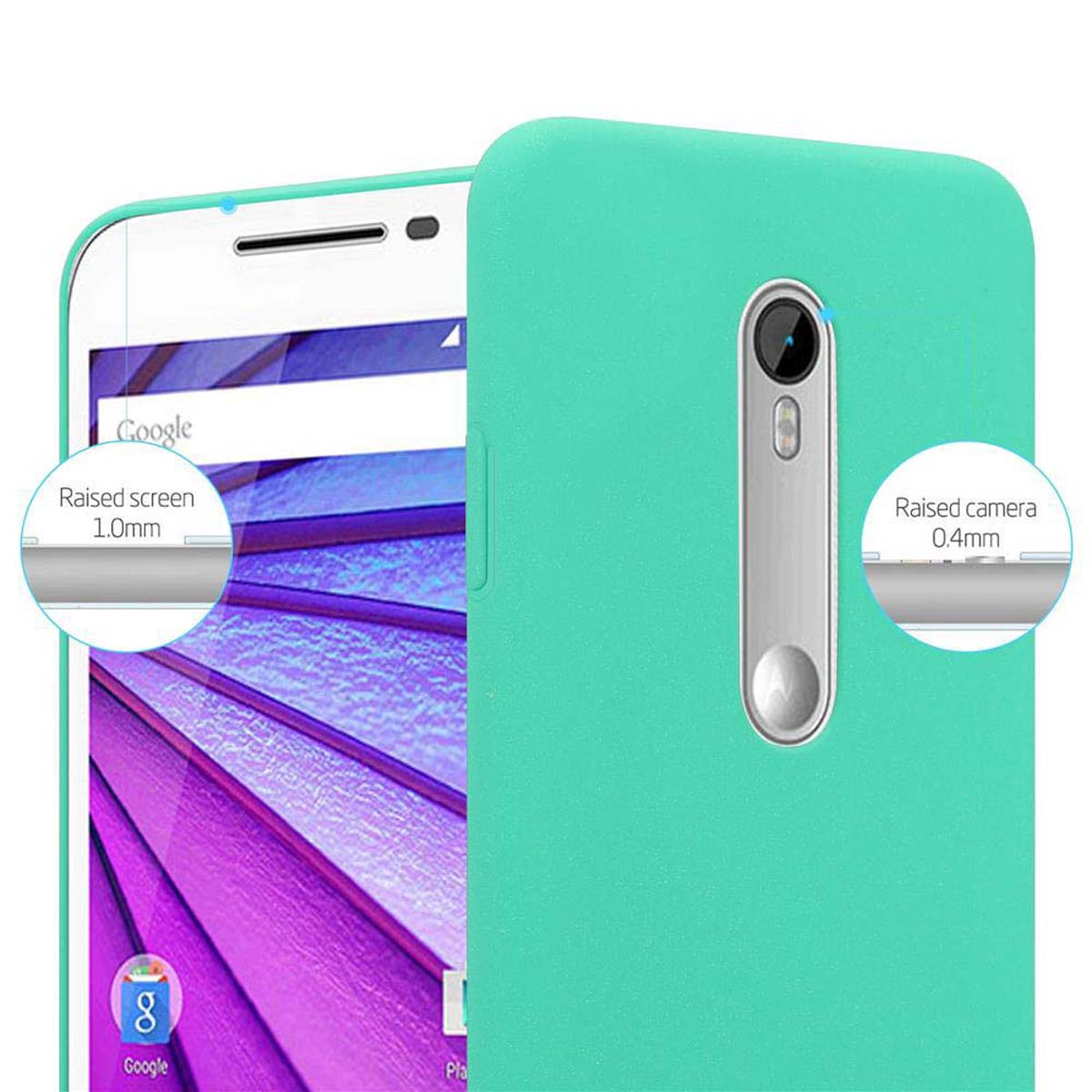 Custodia verde per telefono con telefono a sinistra, mostra lo schermo. La custodia ha schermo e fotocamera rialzati.