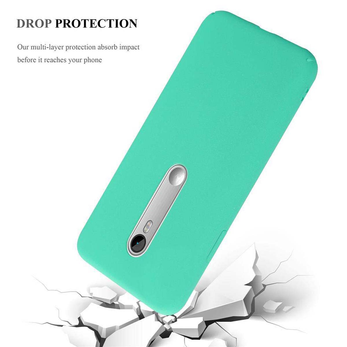 Una custodia per telefono blu-verde. Il telefono è a terra. C'è una superficie incrinata sotto.