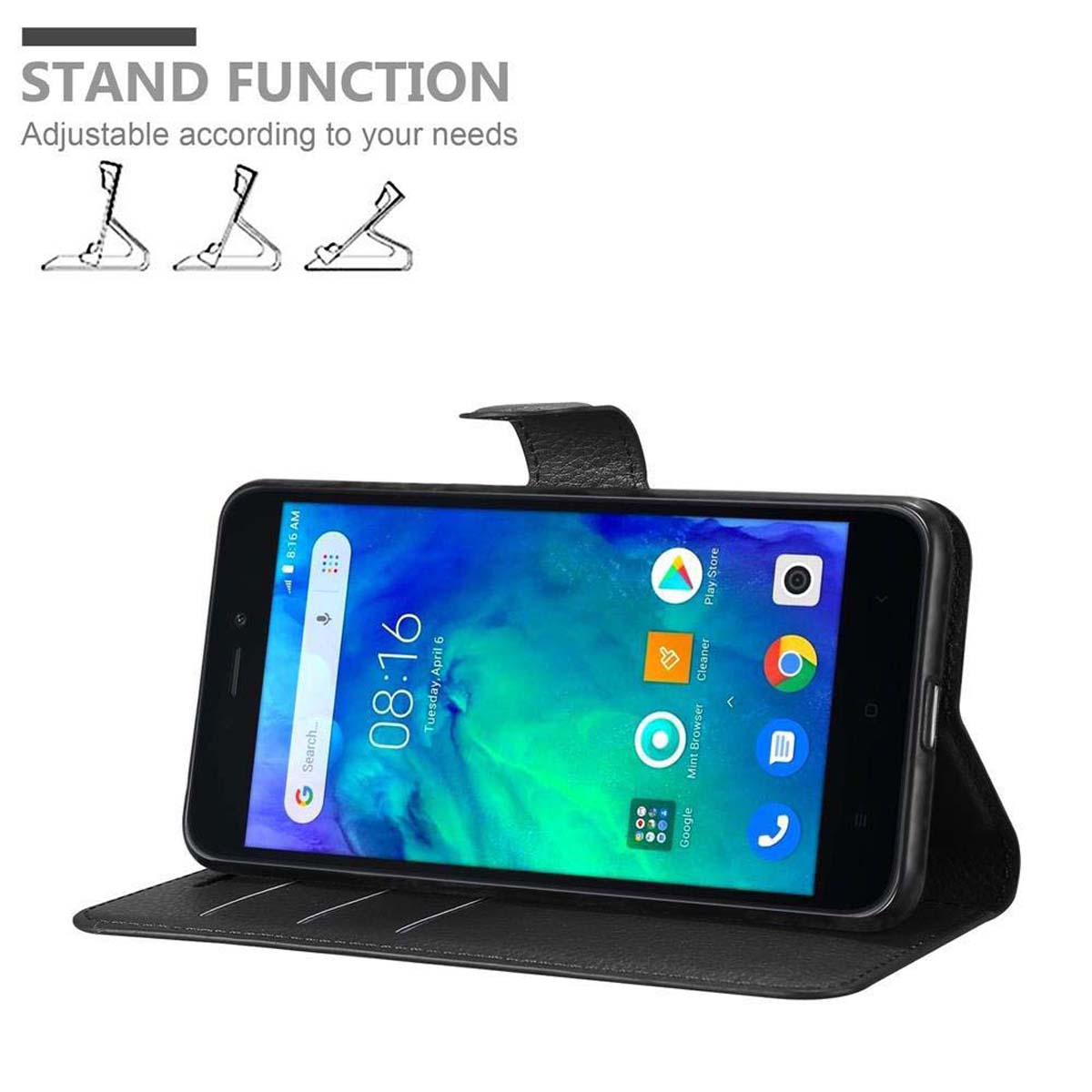 Schwarze Handyhülle mit Ständerfunktion. Ein Telefon ist im Case aufgestellt.