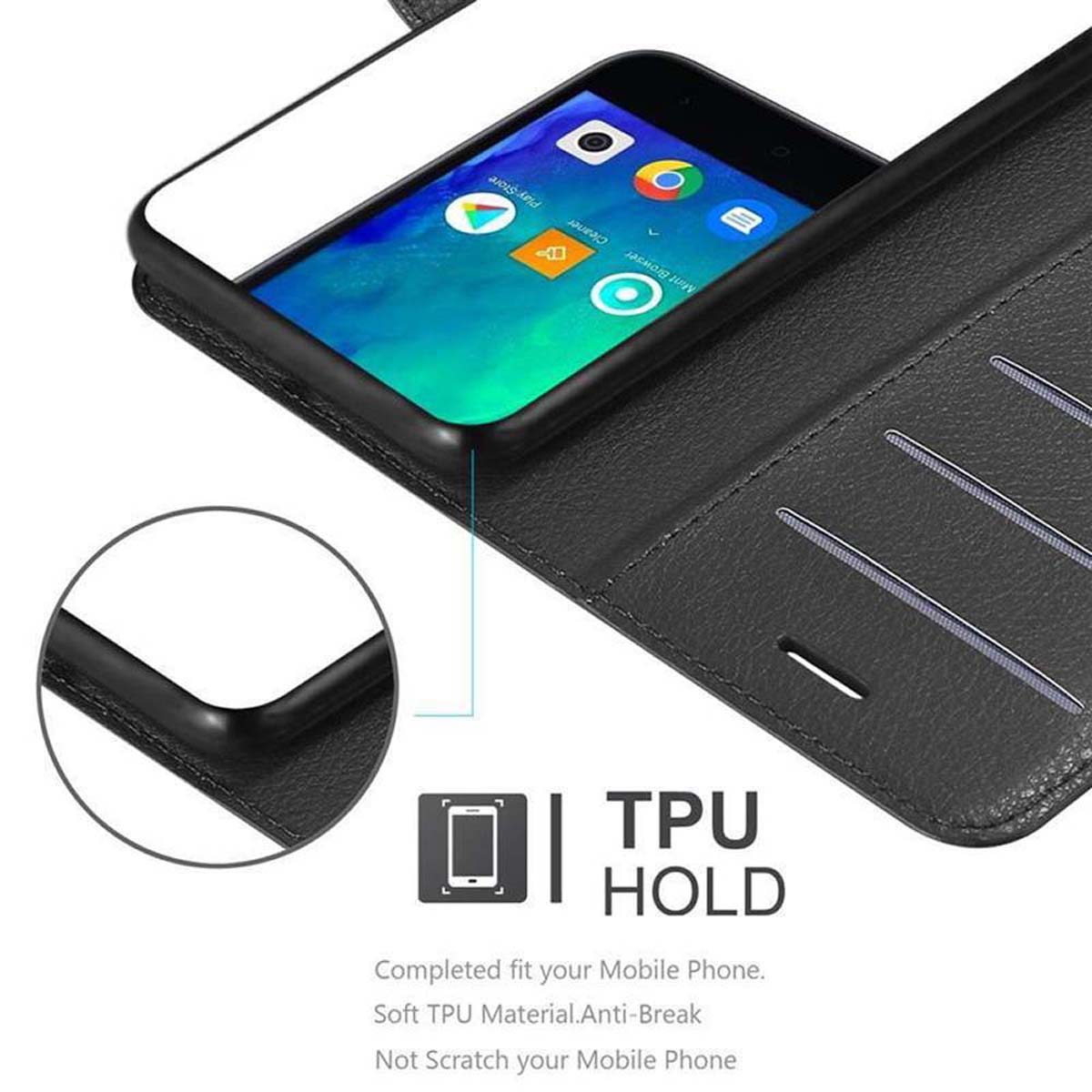 Eine schwarze Handyhülle mit einem Telefon darin. Weißer Hintergrund. Die Hülle ist offen.