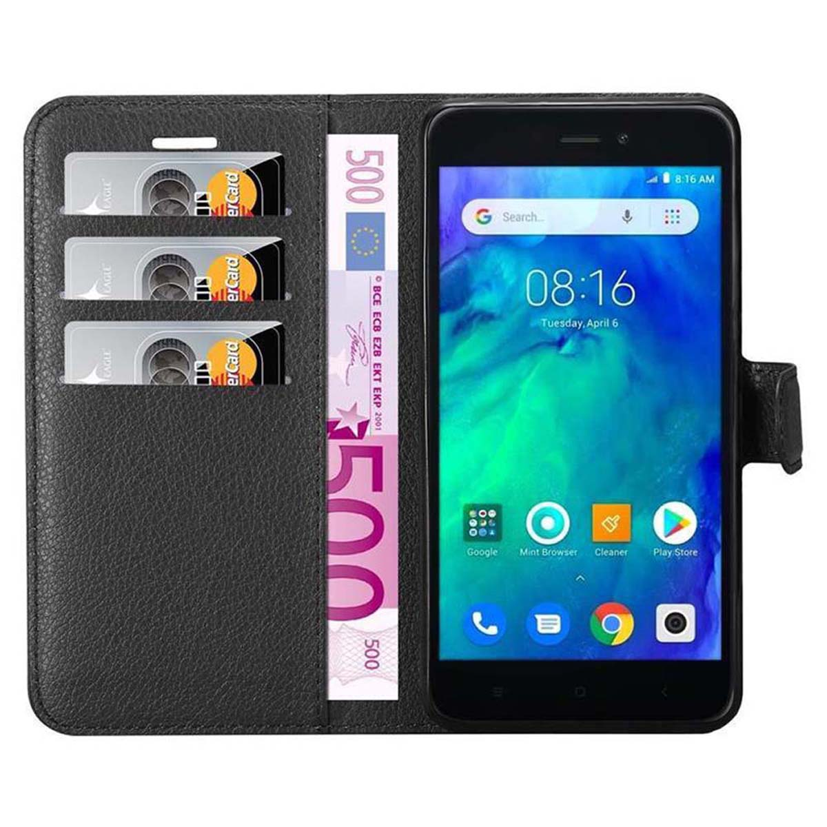 Schwarze Handyhülle mit Telefon, Kreditkarten und Geld. Drei Kartenfächer und ein Geldfach.