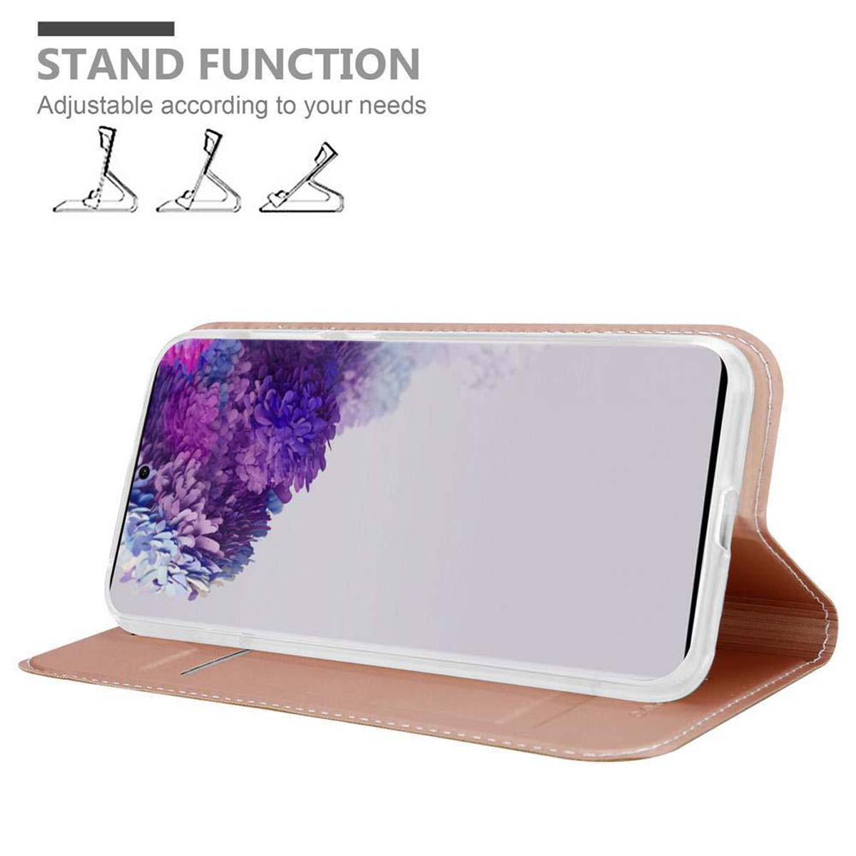Custodia rosa per telefono, telefono nella custodia, funzione stand. Testo: Funzione stand, regolabile.