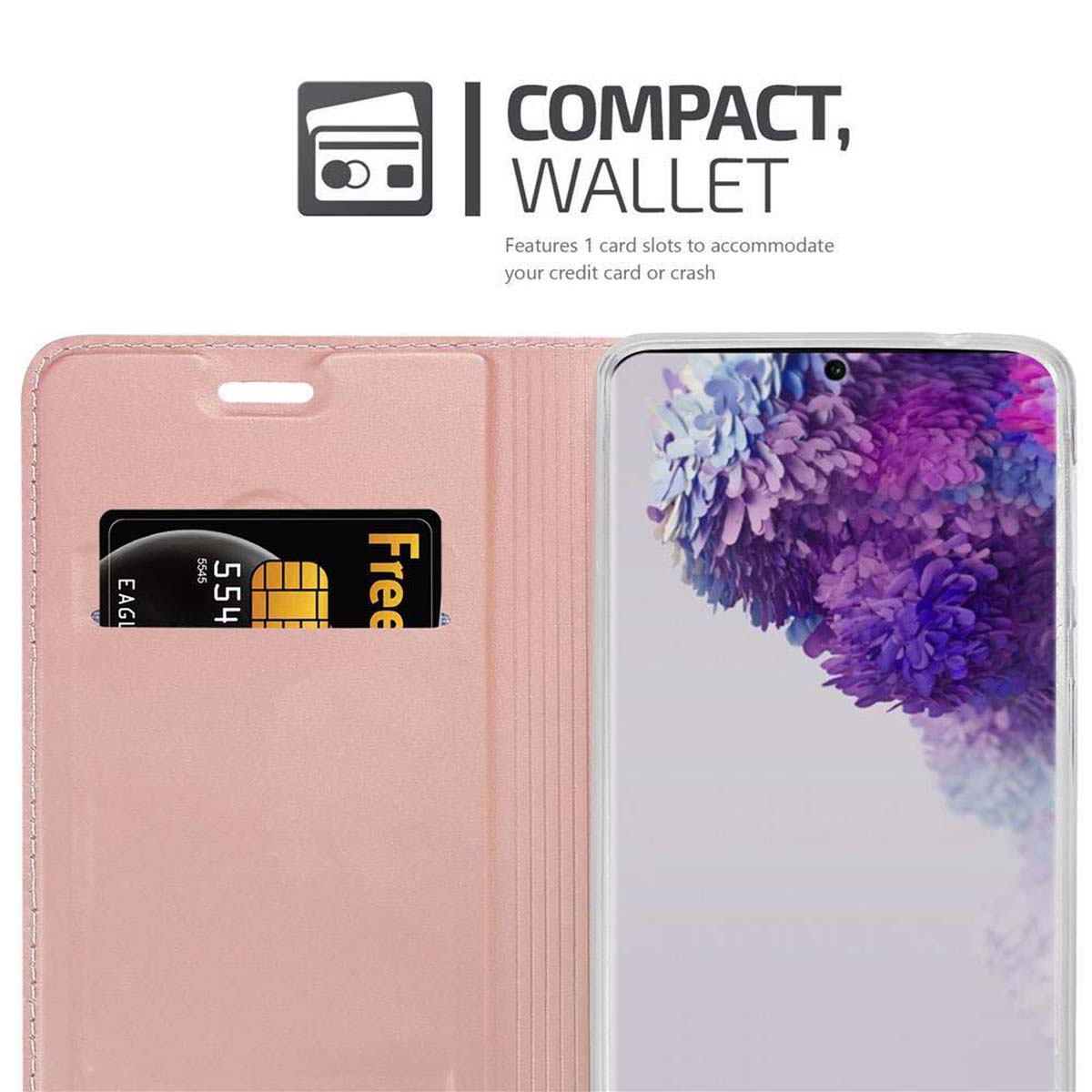 Custodia rosa per telefono con fessura per carte. Lo schermo del telefono mostra uno sfondo floreale viola e bianco.