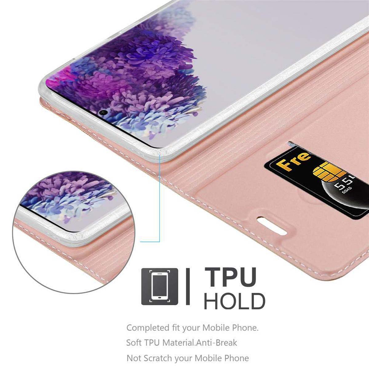 Custodia rosa per telefono con un telefono. Una carta è parzialmente visibile.