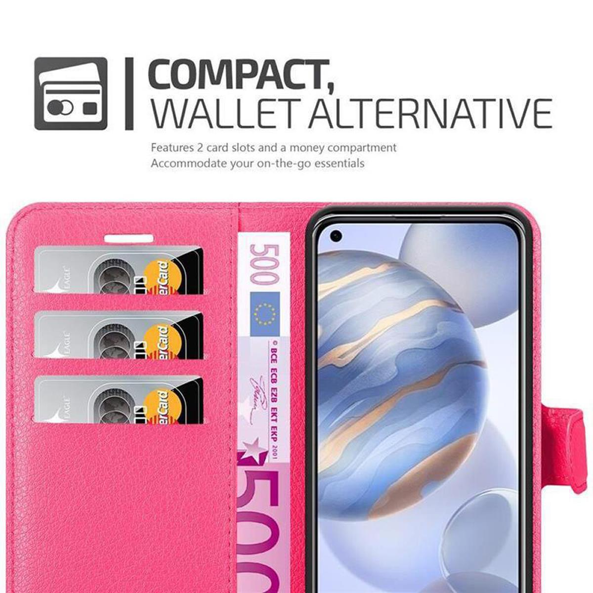 Custodia rosa, aperta. Carte e denaro all'interno. Testo: 'Compatto, alternativa al portafoglio'.