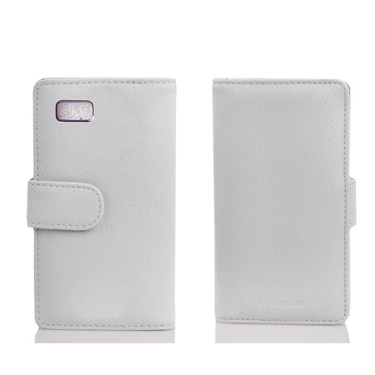 Weiße Handy-Geldbörsenhülle, Vorder- und Rückansicht. Mit Knopfverschluss und Nahtdetails.
