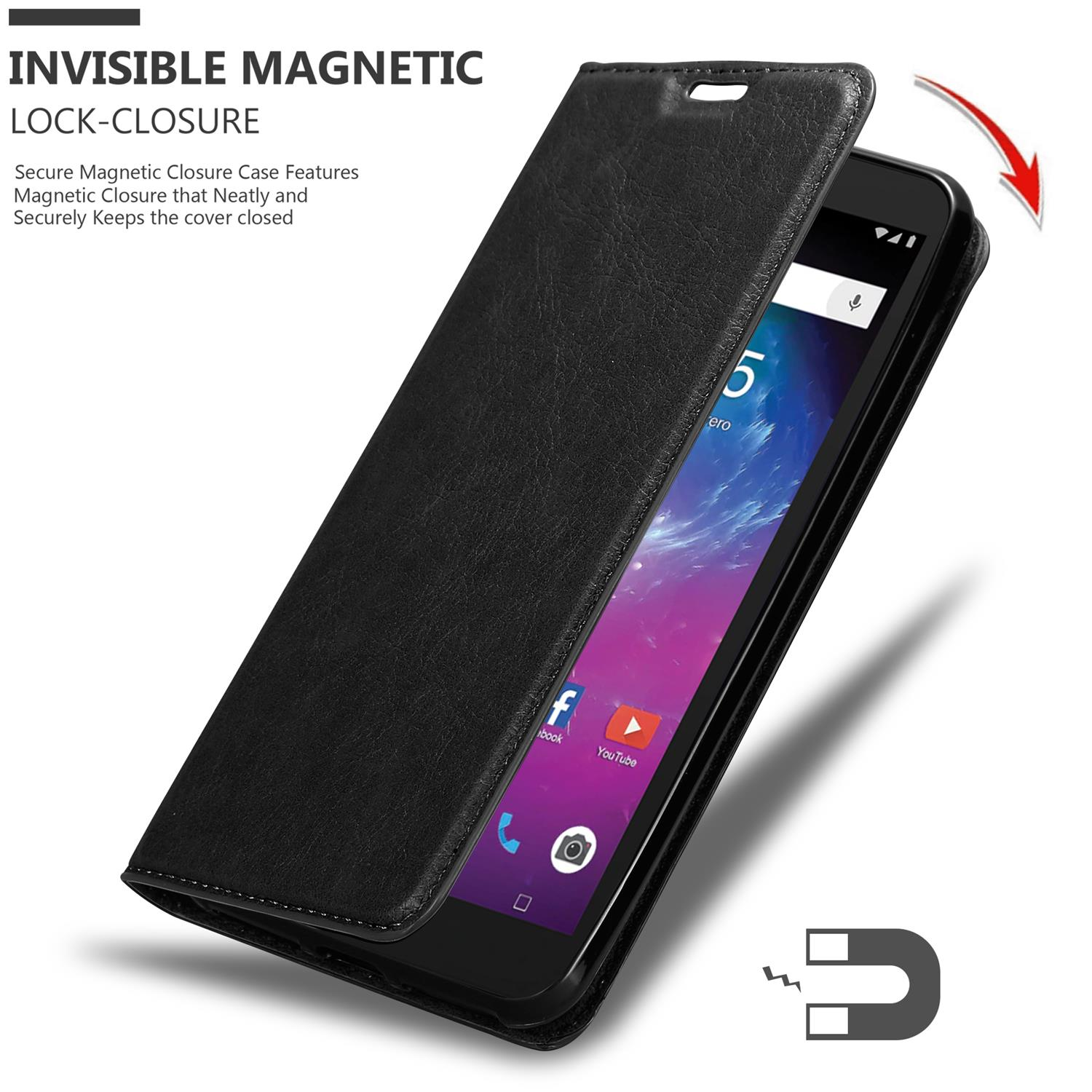 Schwarze Leder-Handyhülle mit einem Telefon darin. Die Hülle öffnet sich und gibt ein Telefon mit farbenfrohem Bildschirm frei.