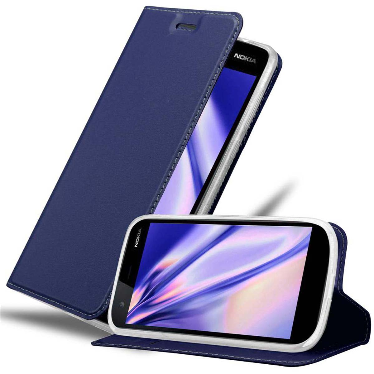 Custodia blu con coperchio aperto, telefono in mostra. Sfondo bianco.