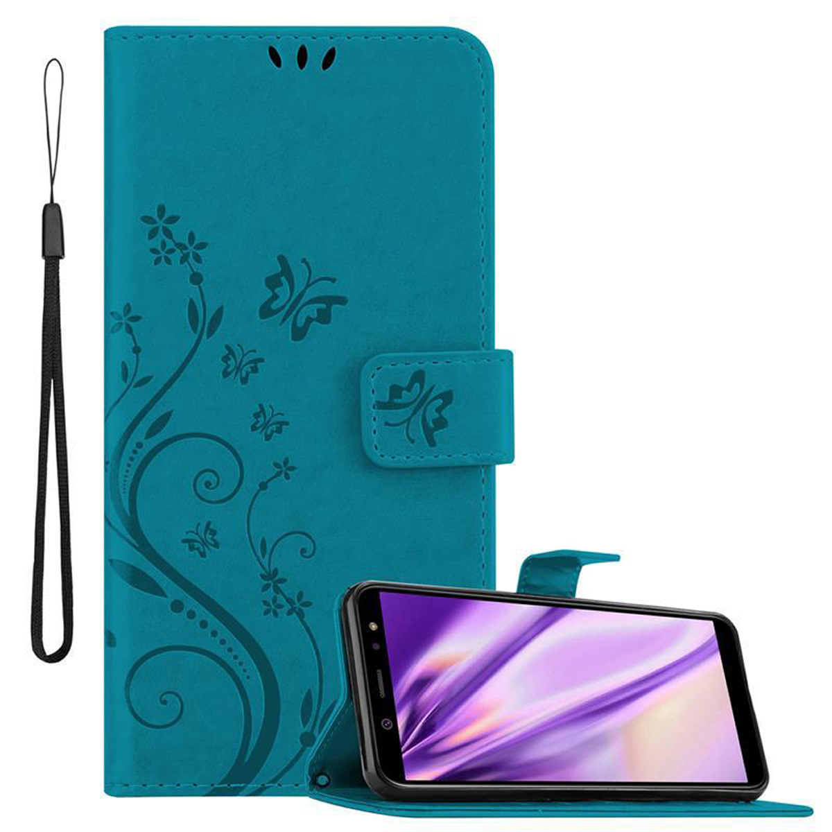 Türkisfarbene Handyhülle mit einem Telefon darin. Ein dekoratives Blumenmuster ist auf der Hülle.