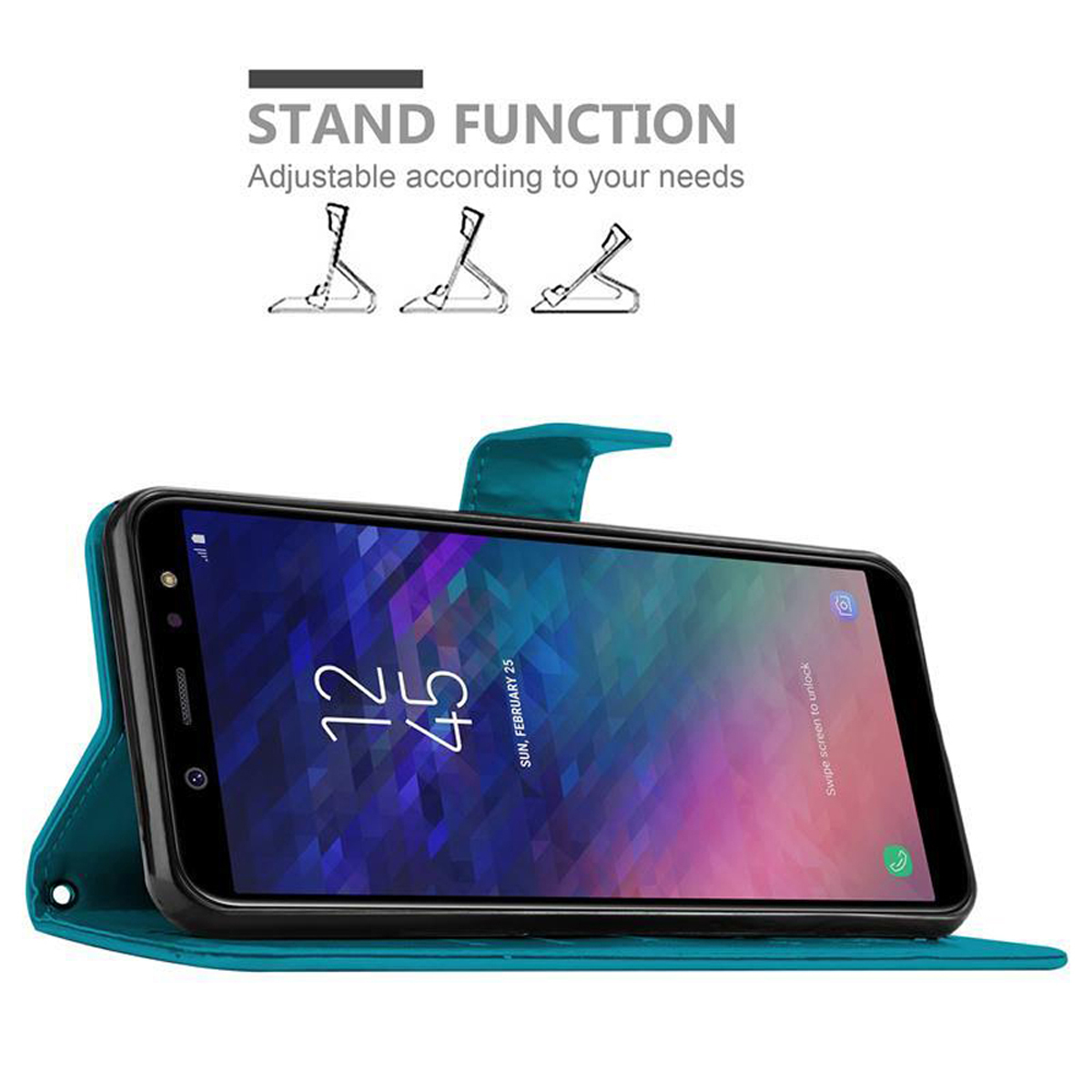 Telefon in einer offenen teal-farbenen Hülle. Der Text lautet "Standfunktion" oben.