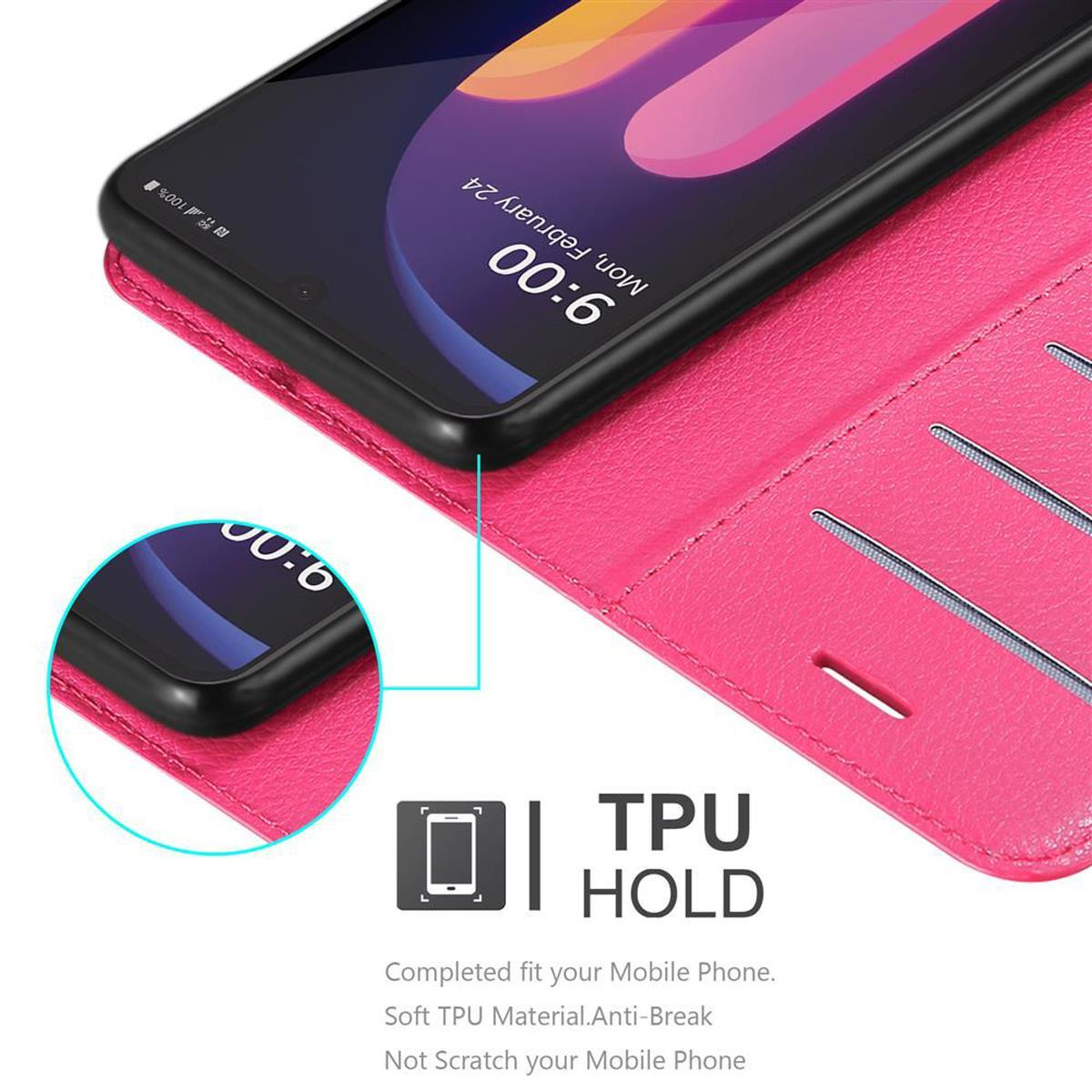 Eine rosa Handyhülle mit einem Telefon darin. Die Handyhülle hat Kartenfächer.