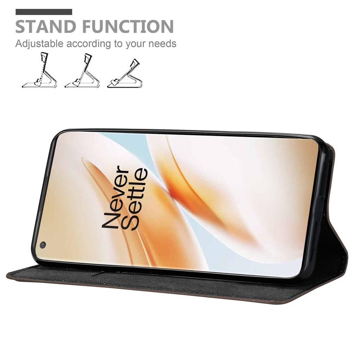 Telefon in einer Hülle, aufgestellt. Text: Standfunktion, einstellbar mit Diagrammen.