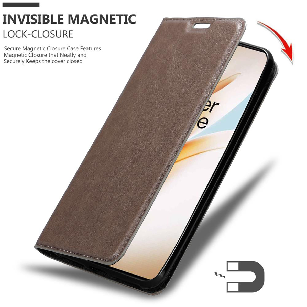 Braune Handyhülle mit magnetischem Verschluss, der sich öffnet. Telefon ist innen sichtbar. Text über die Hülle.