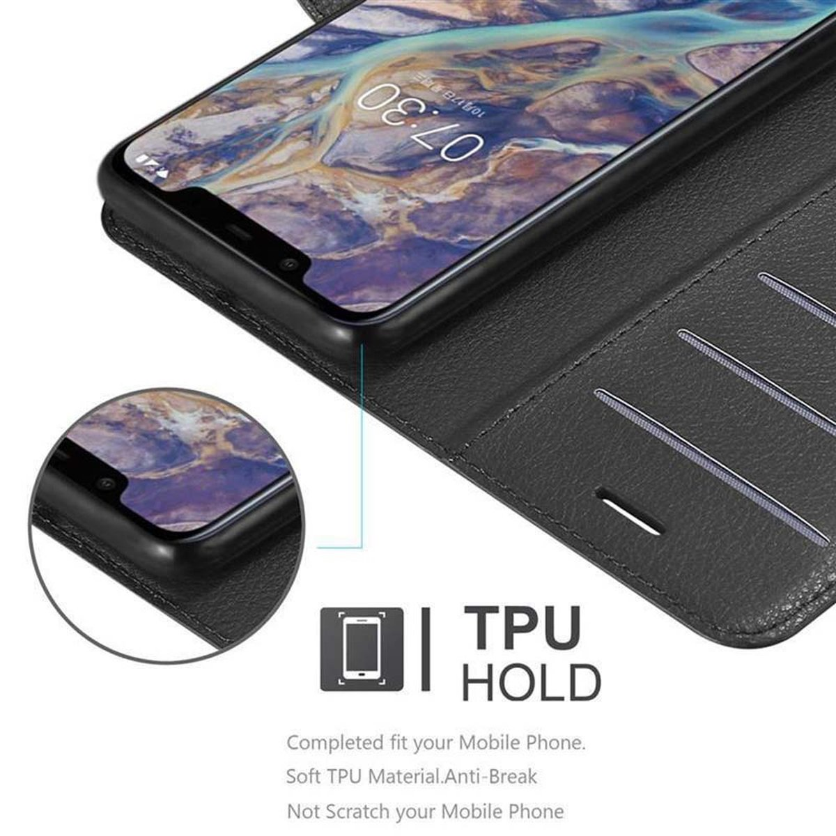 Telefono nero in una custodia. Testo: TPU Hold. Vestibilità completa, materiale morbido, anti-rottura.
