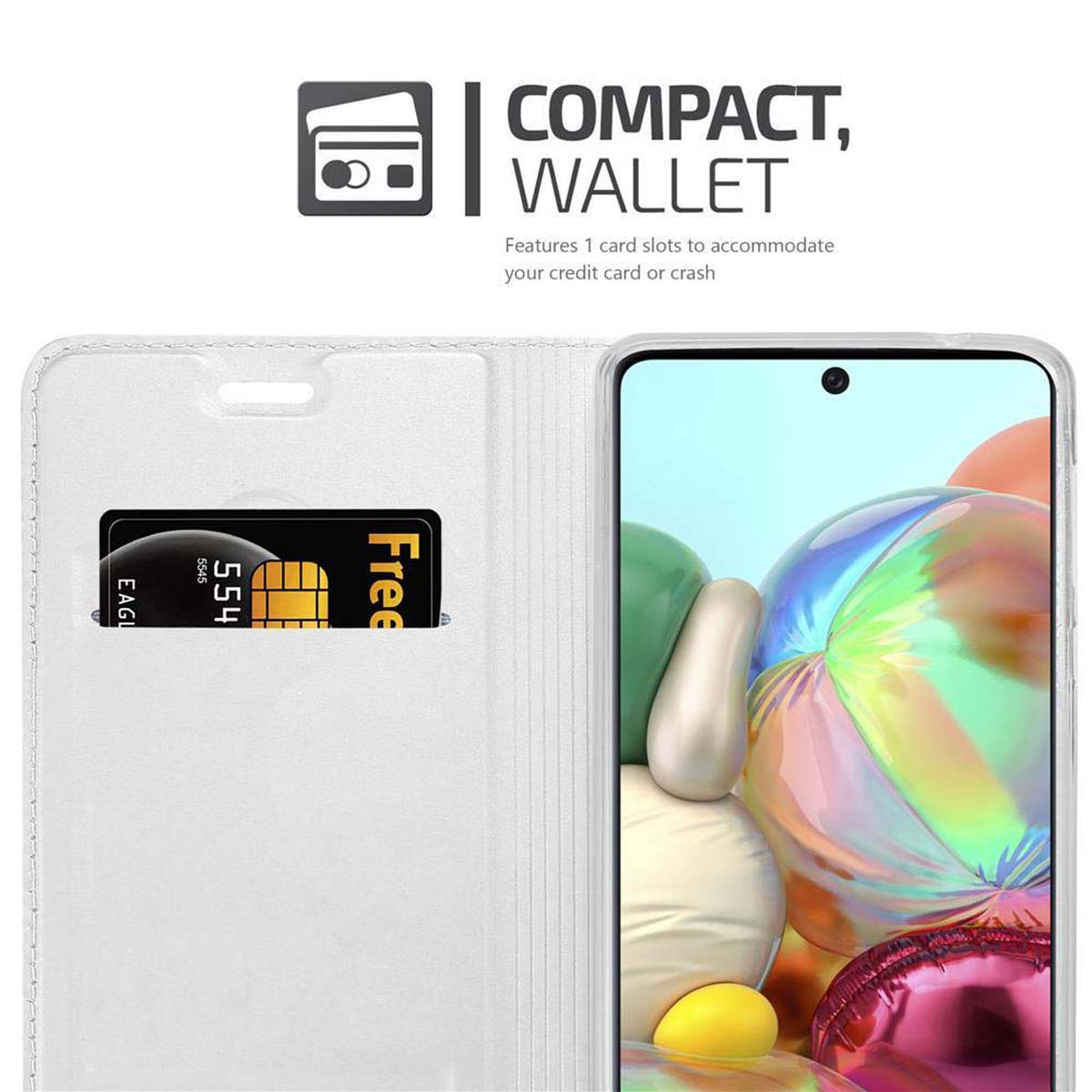 Custodia bianca per telefono con carta di credito e telefono che mostra uno schermo colorato.