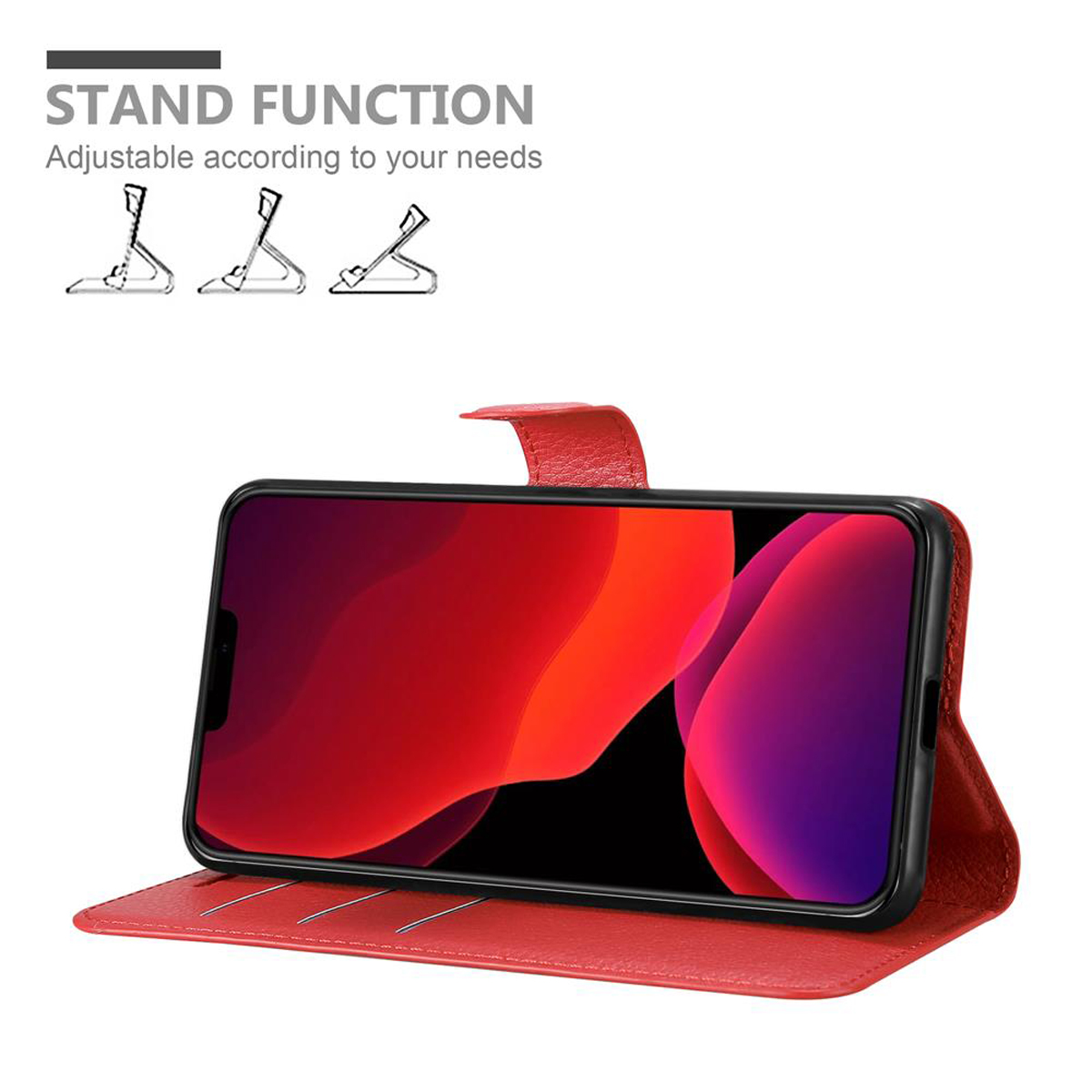 Eine rote Handyhülle mit einem Telefon, das einen Bildschirm anzeigt. Die Hülle ist in einer Ständerposition.