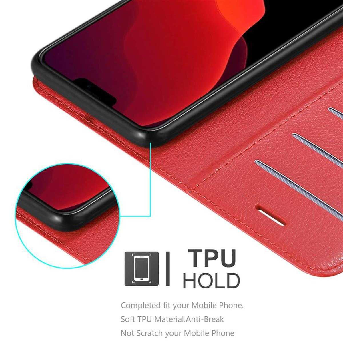 Rote Handyhülle offen, mit Telefon darin. Schwarzes Telefon, roter Innenraum und Text über den TPU-Halter.