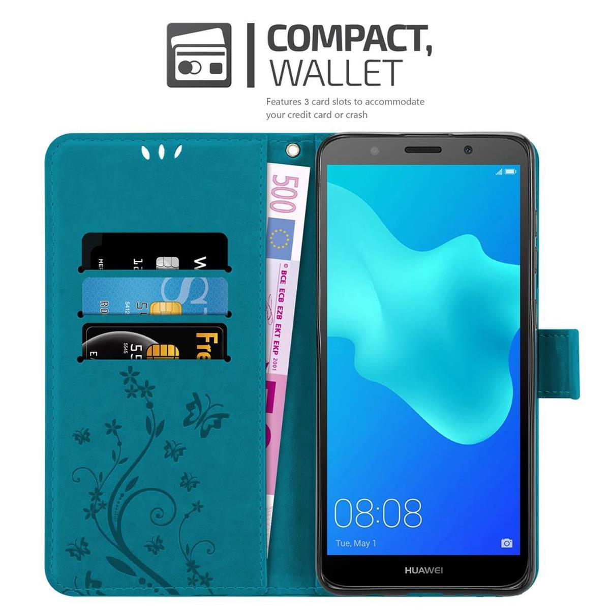 Custodia per telefono verde acqua con design floreale, un telefono e carte di credito all'interno. Telefono Huawei, ora visibile.