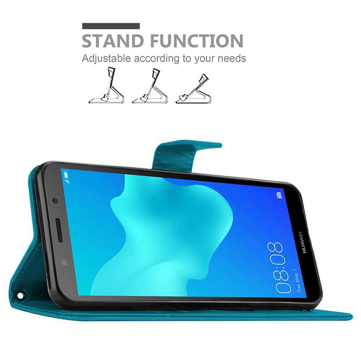 Custodia per telefono con telefono. Cover turchese, telefono nero. Testo: Funzione stand. Sfondo bianco.