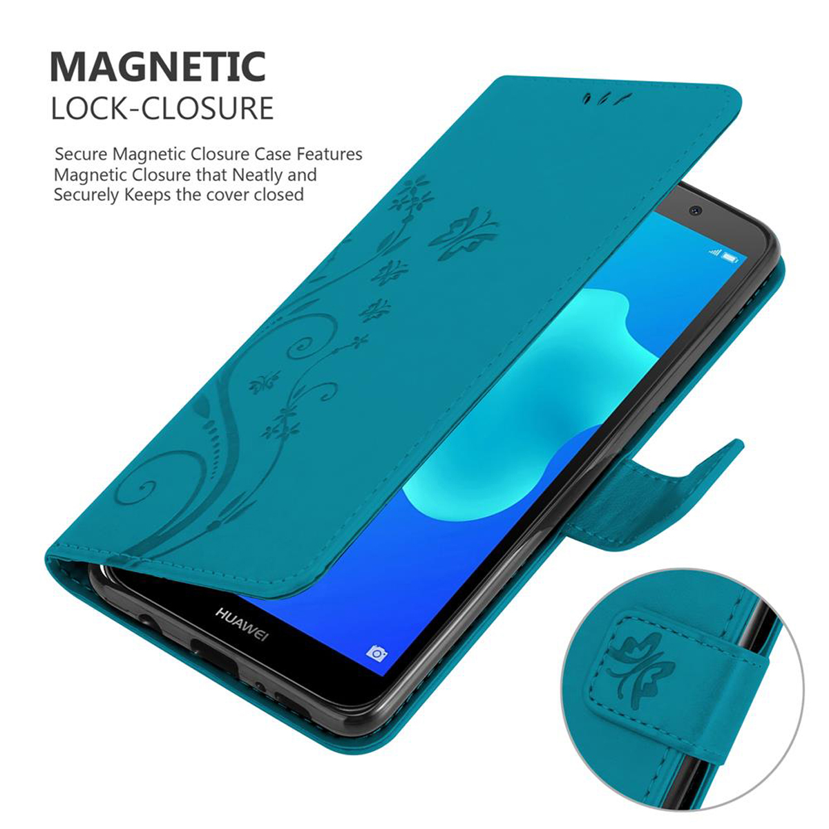 Custodia per telefono turchese con design floreale, aperta, che mostra un telefono con schermo blu.