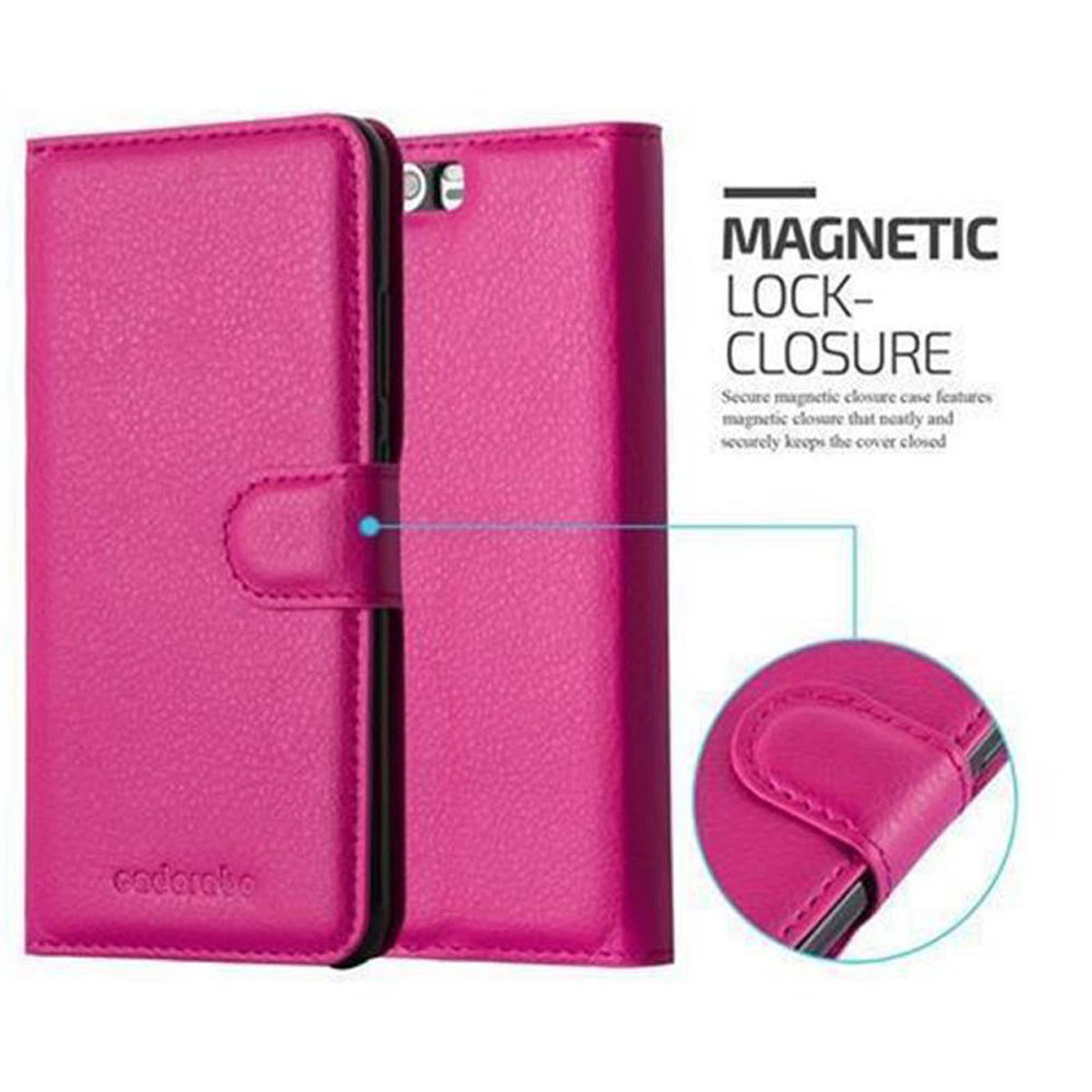 Custodia rosa per telefono, chiusura magnetica, aperta e chiusa, sfondo bianco.