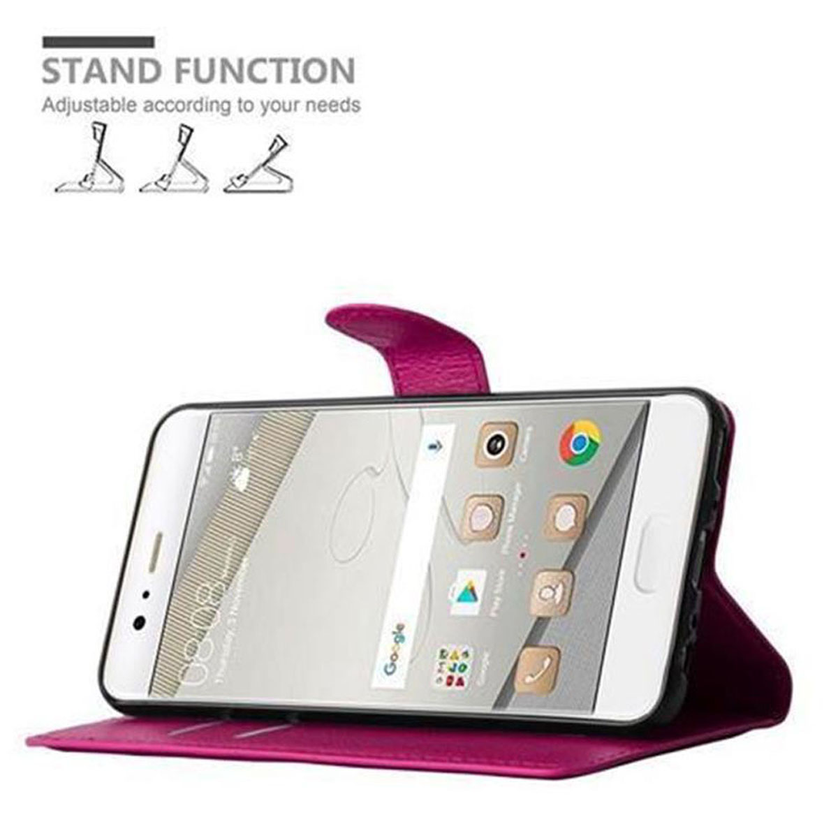 Custodia rosa. Il telefono è nella custodia e alzato. La custodia ha una funzione di supporto.