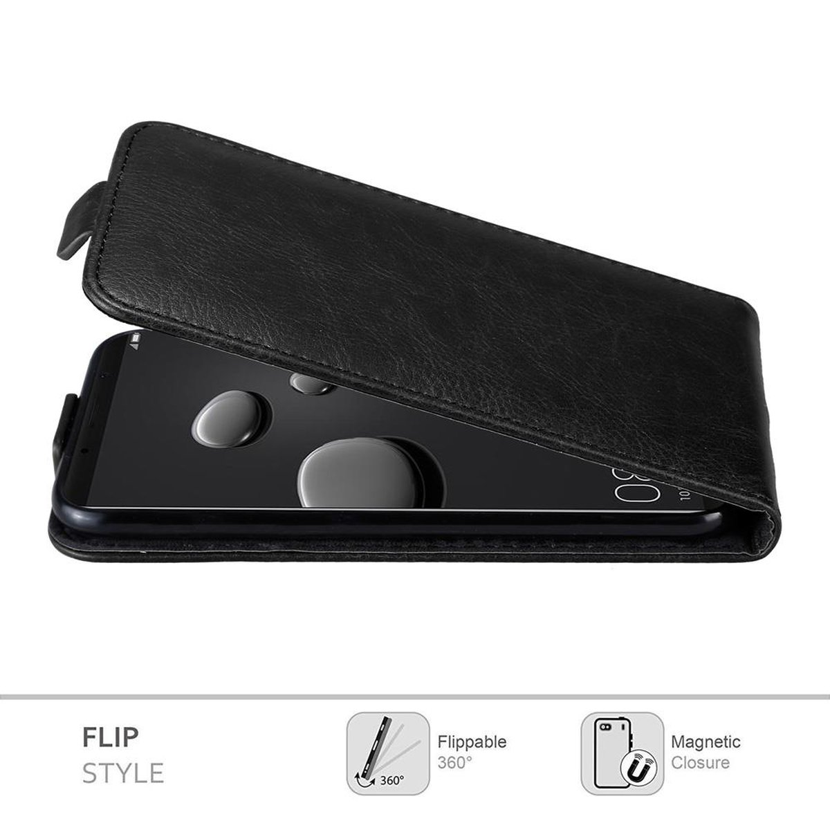 Schwarzes Telefon in einer schwarzen Klapphülle, offen. Die Hülle hat einen Magnetverschluss.