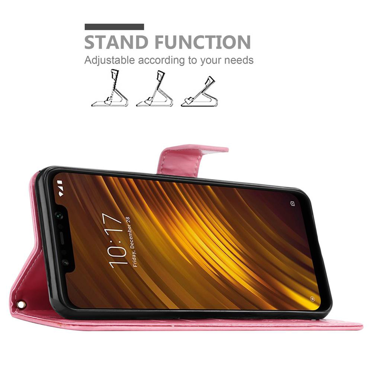 Custodia rosa con telefono, schermo con sfondo dorato, con supporto.