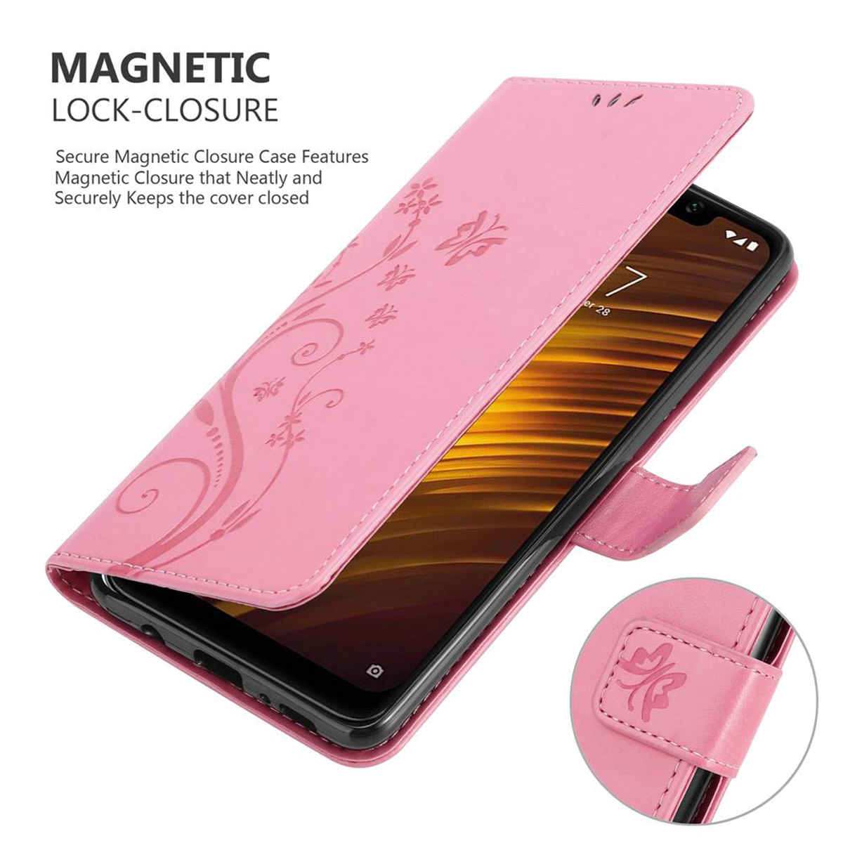 Custodia per telefono rosa con chiusura magnetica, design floreale e un telefono all'interno.