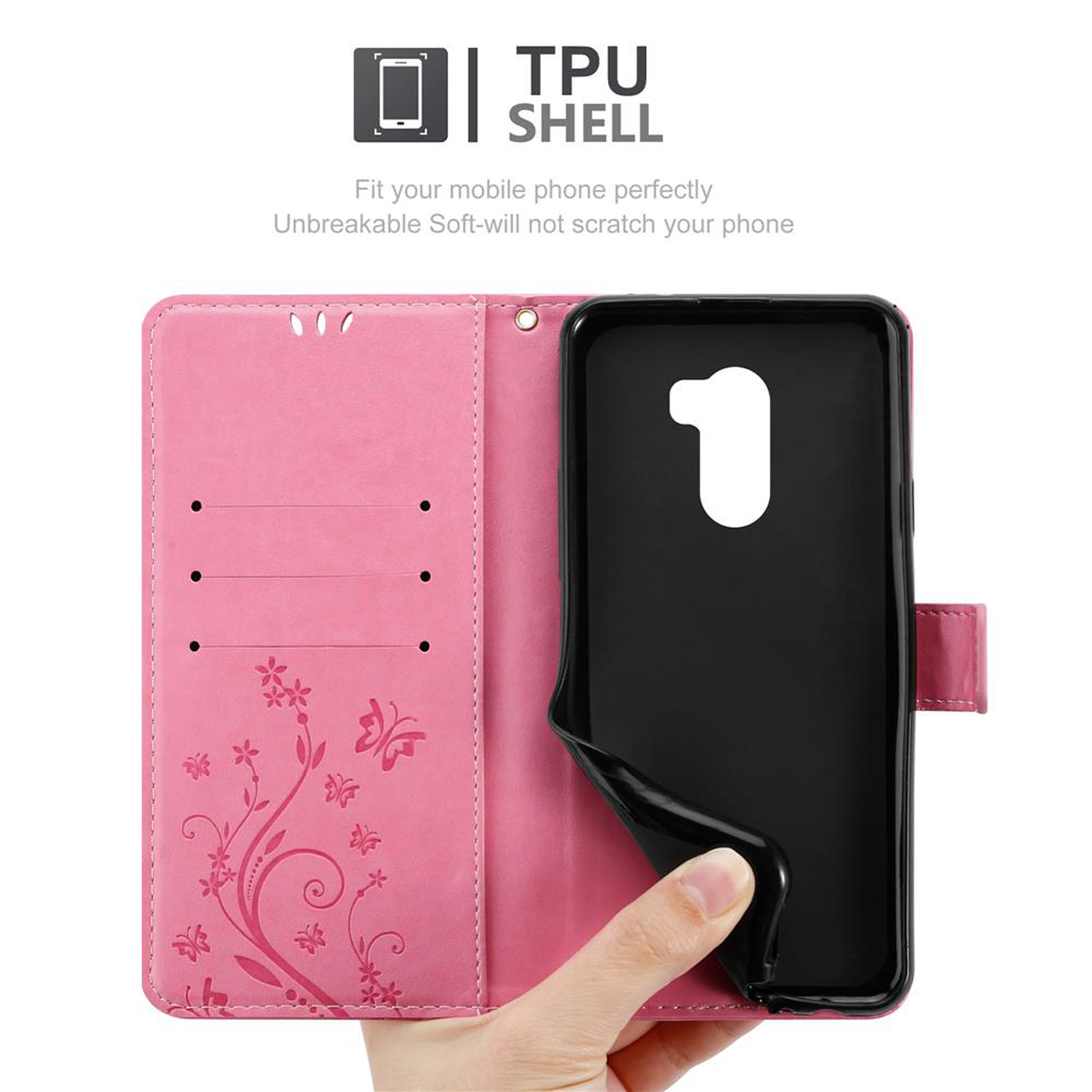 Custodia rosa aperta, con telefono. Una mano tiene aperta la custodia. Telefono nero all'interno.