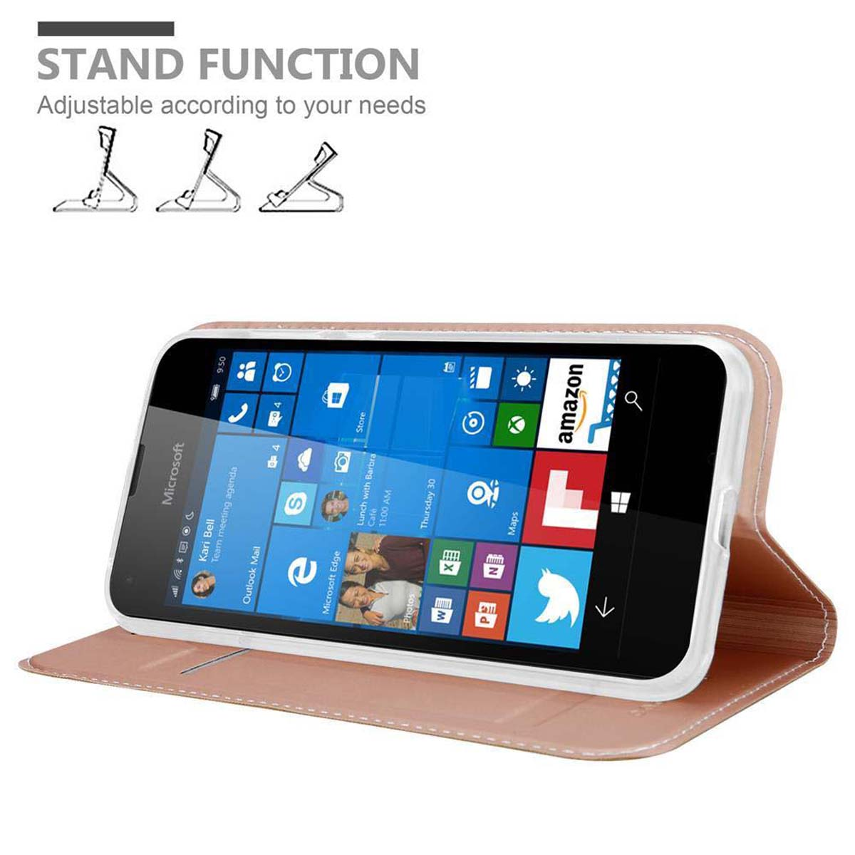 Custodia aperta con telefono, che mostra le app. Grafico della funzione stand.